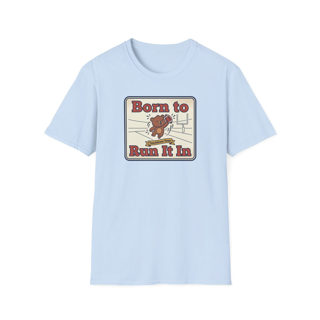Light blue graphic T-shirt with bear “Born to Run It In” print