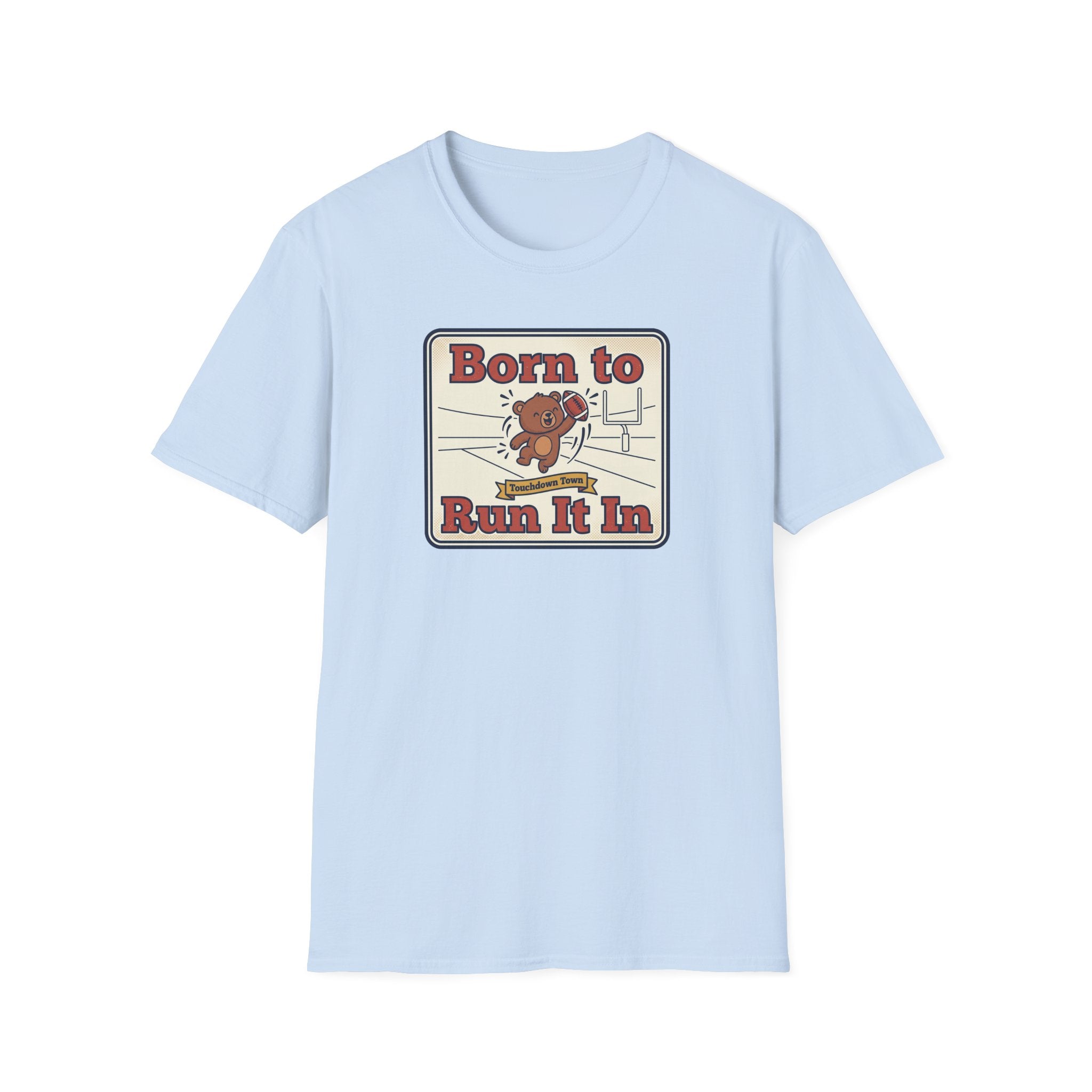 Light blue graphic T-shirt with bear “Born to Run It In” print