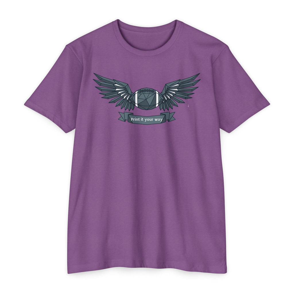 Lavender crewneck T-shirt with winged camera emblem graphic on the chest