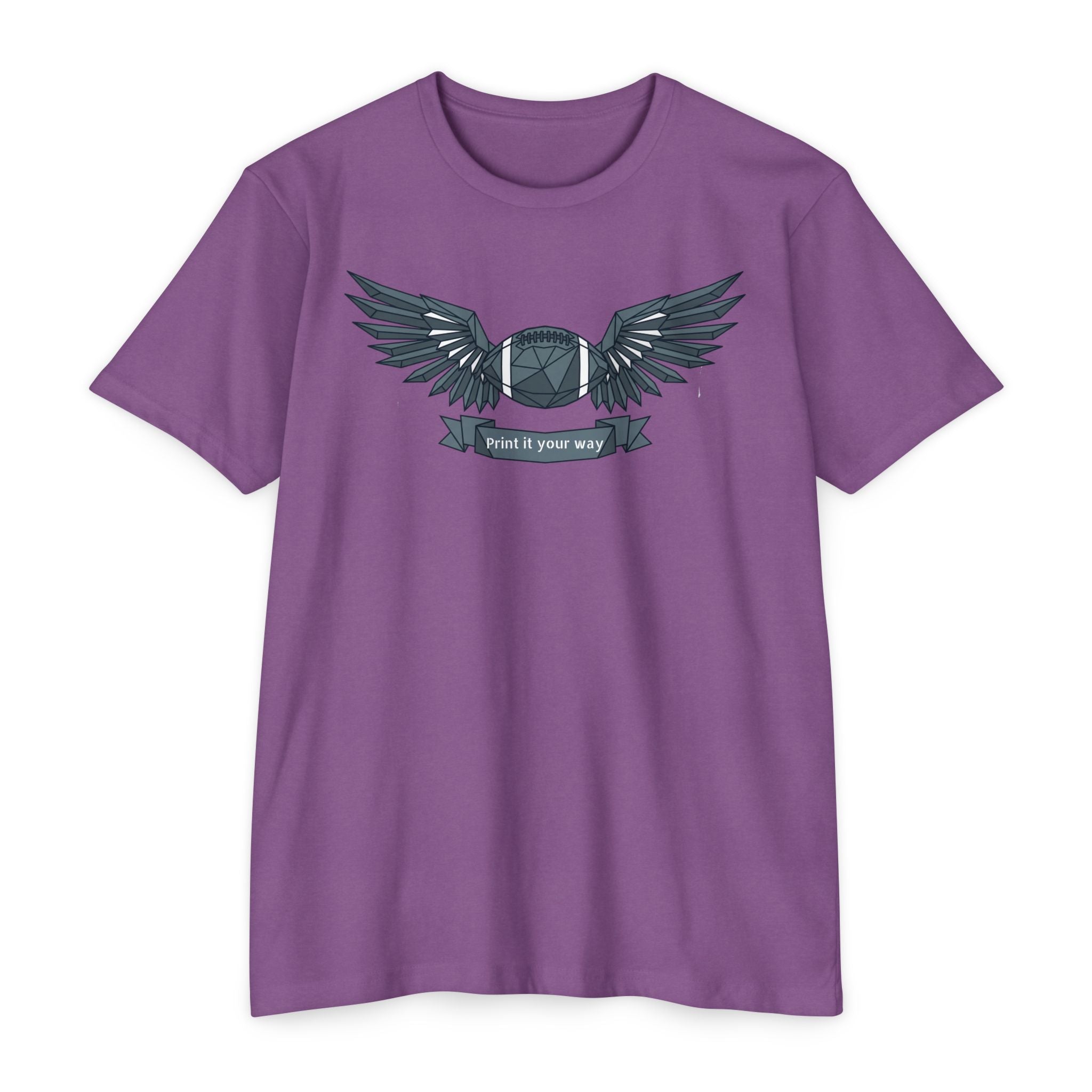 Lavender crewneck T-shirt with winged camera emblem graphic on the chest