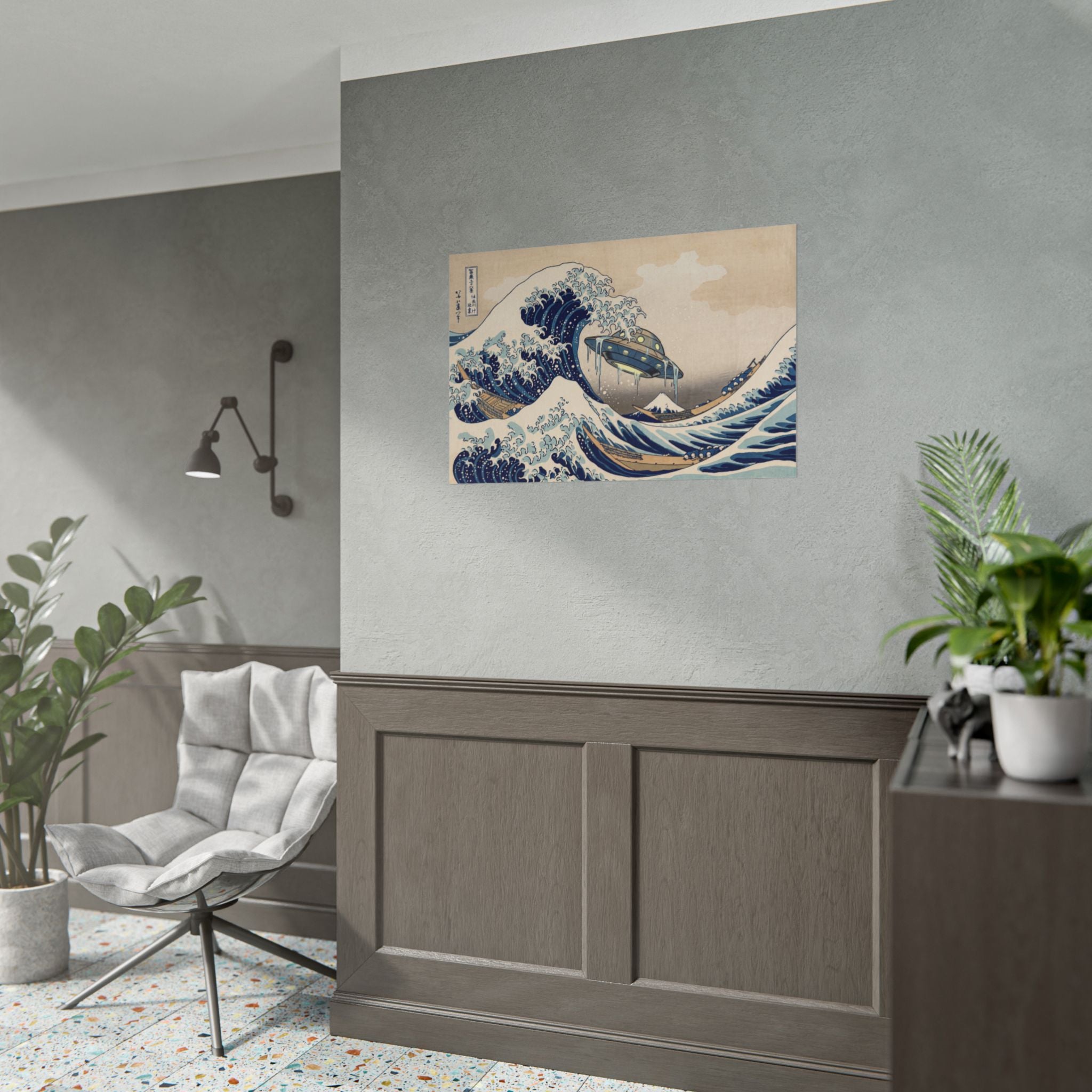 Wall-mounted poster showing blue wave art and UFO craft in vintage Japanese style