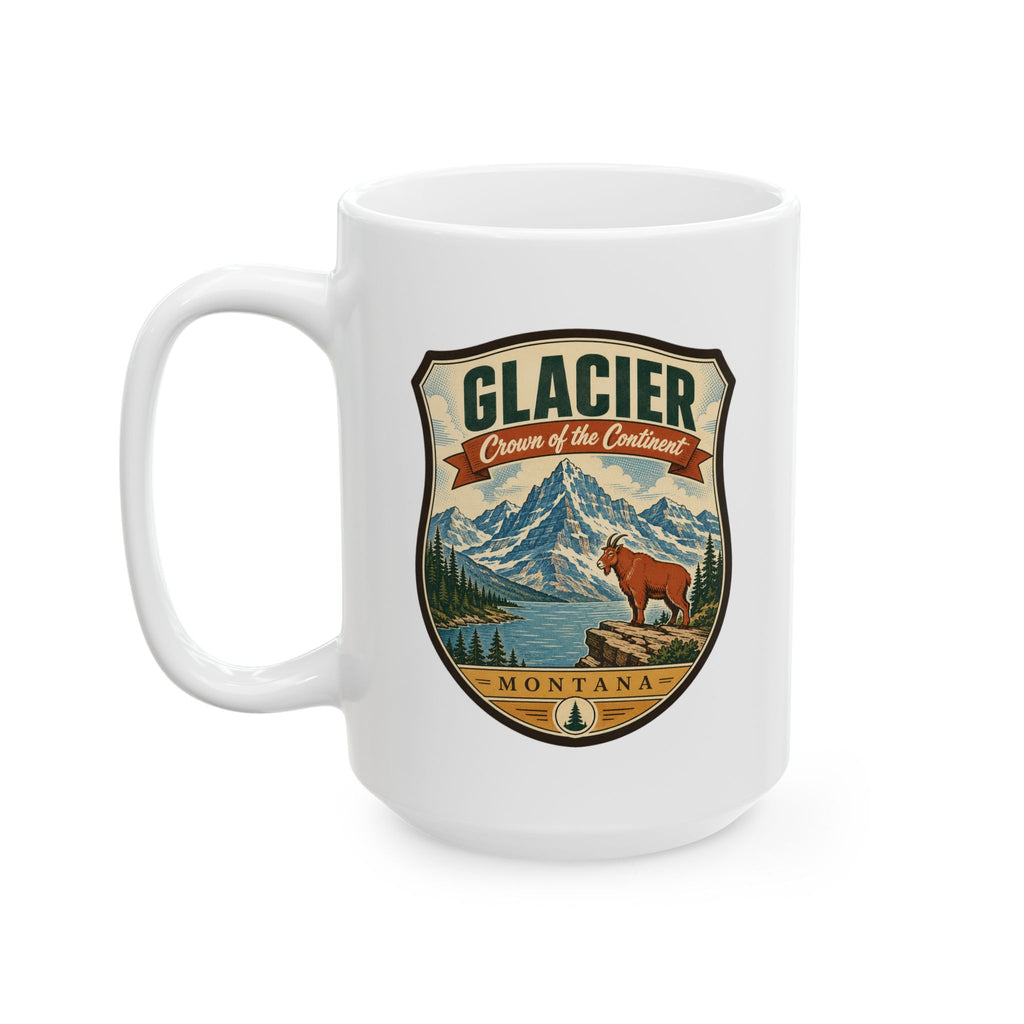 White ceramic mug with Glacier Montana logo, mountains, and bear graphic; handle