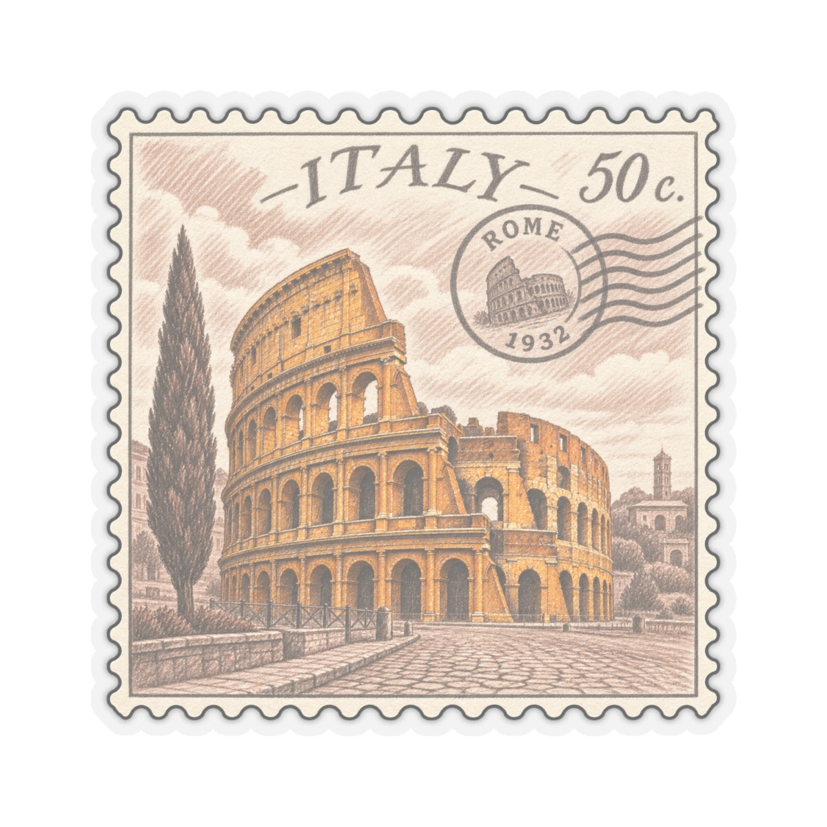 Kiss-cut style Italy stamp sticker featuring the Colosseum and Rome 1932 with “ITALY 50c”