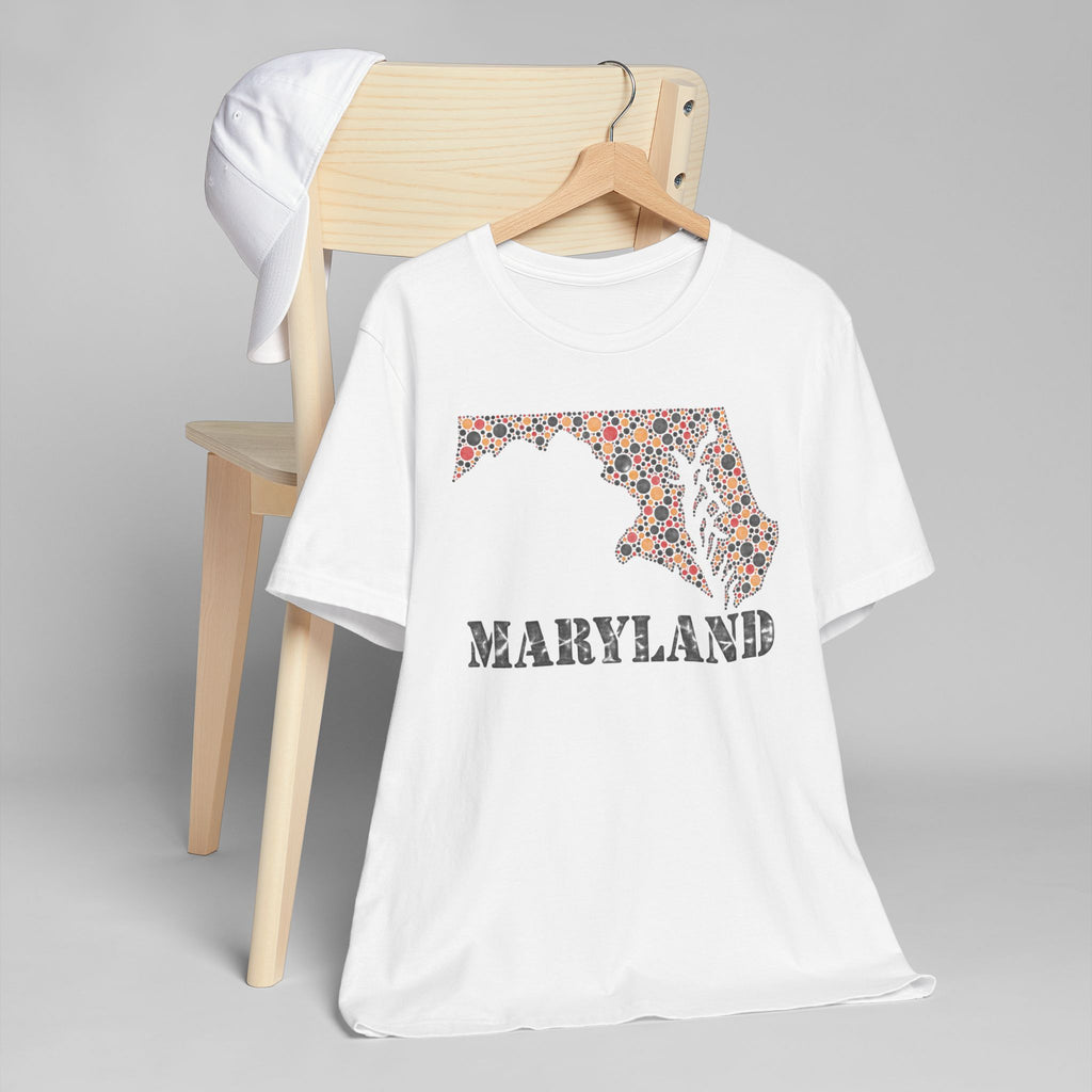 White crew-neck T-shirt with dotted floral Maryland map graphic and “Maryland” text print