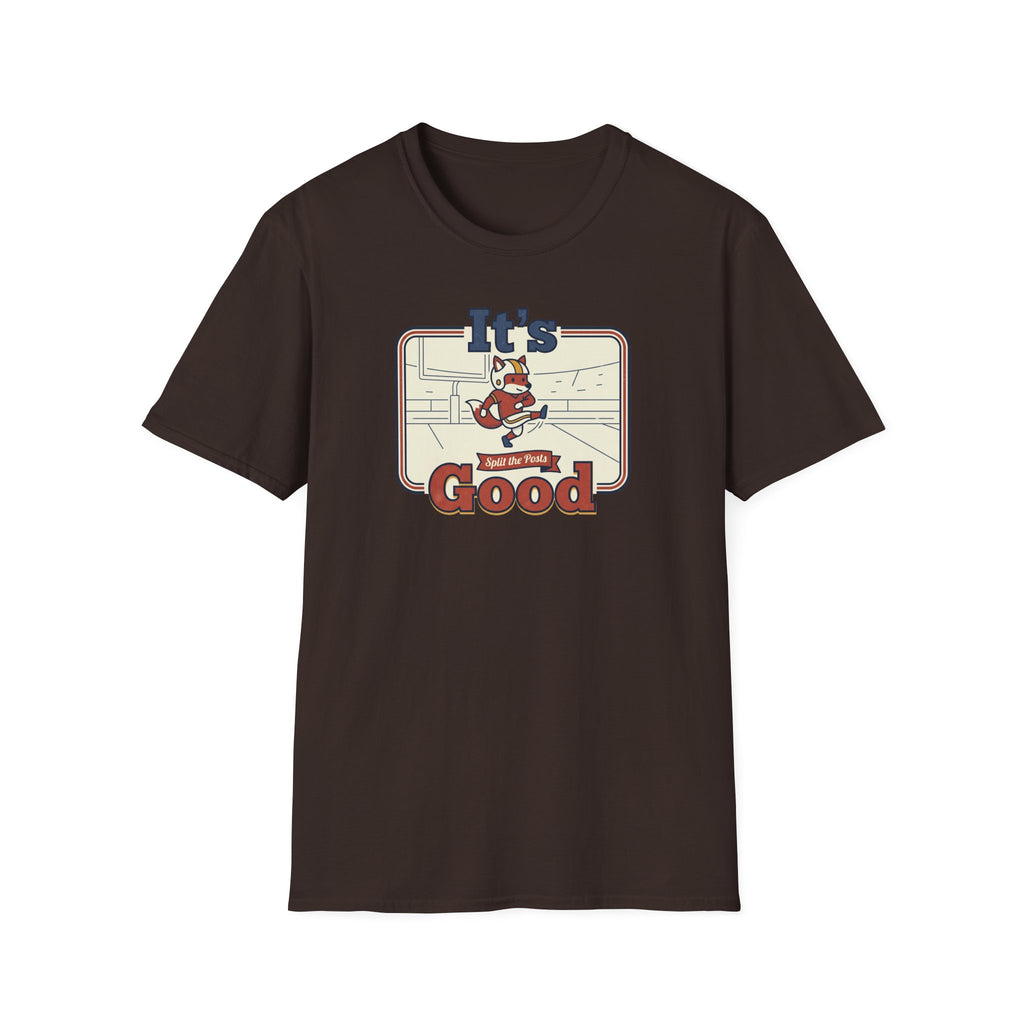 Dark brown T-shirt with retro fox skateboard graphic and text “It’s Good”