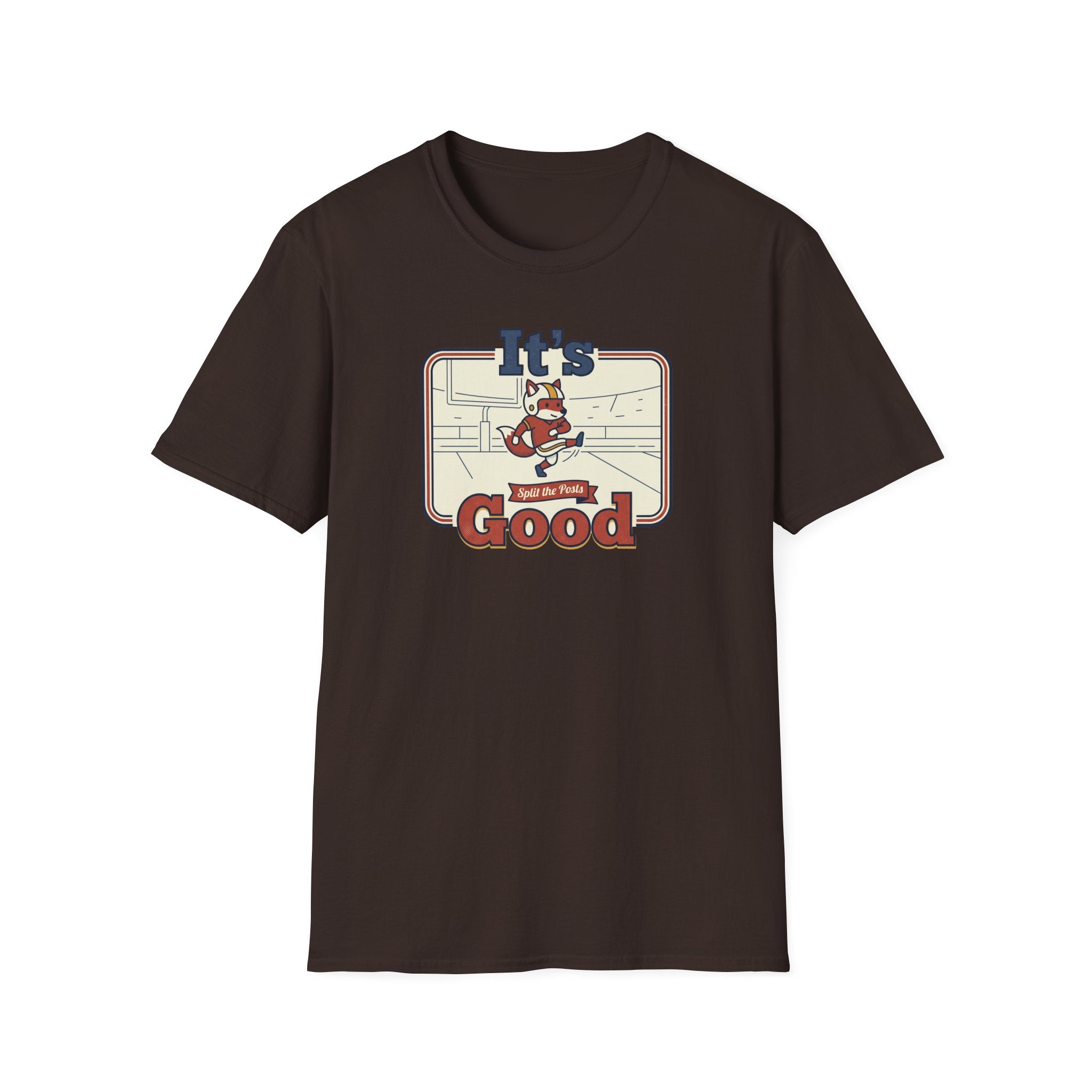 Dark brown T-shirt with retro fox skateboard graphic and text “It’s Good”
