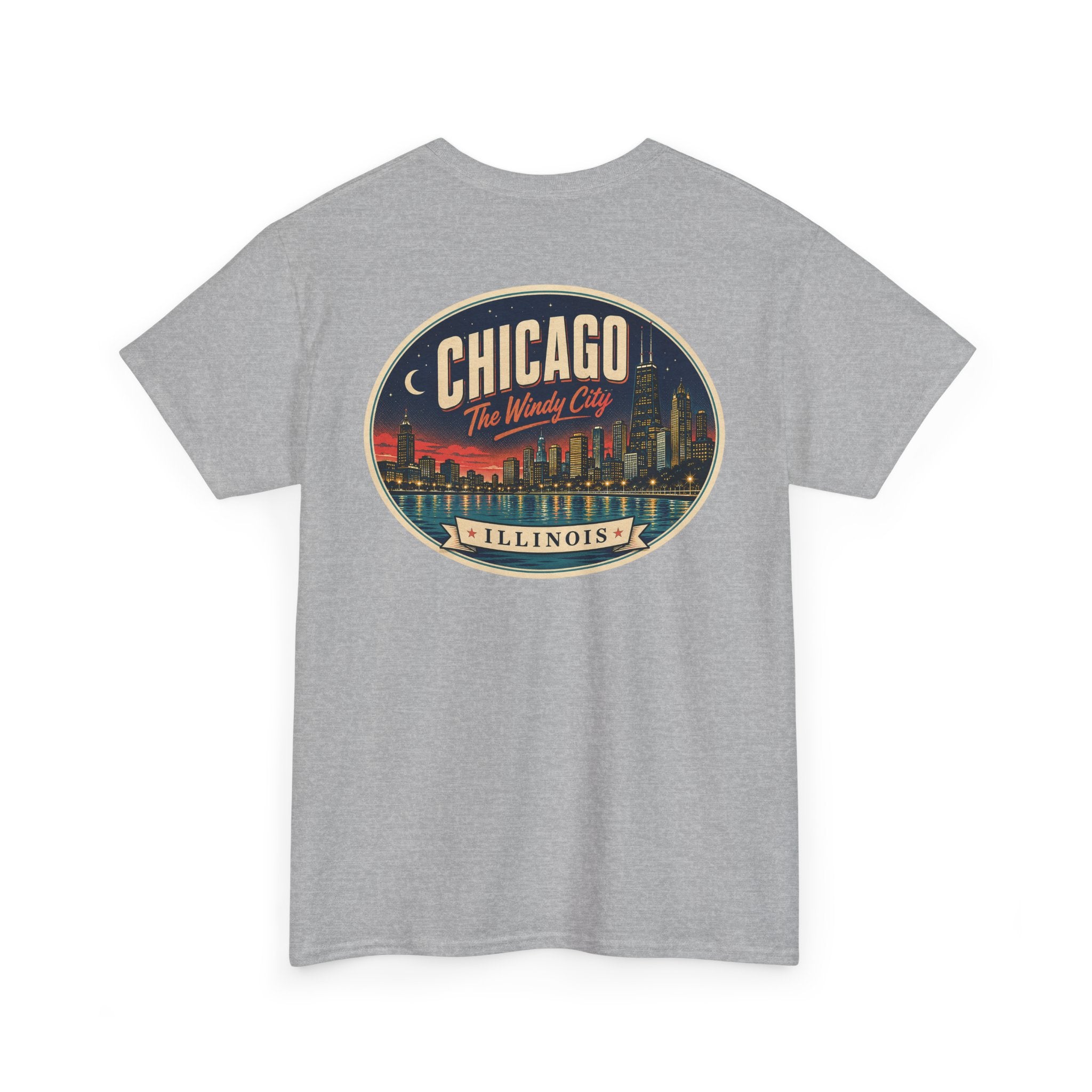 Light gray crew-neck T-shirt with large round Chicago city badge graphic