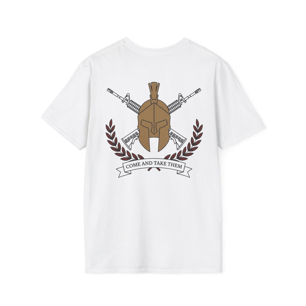 White crewneck T-shirt with Spartan helmet, crossed rifles, and wreath graphic