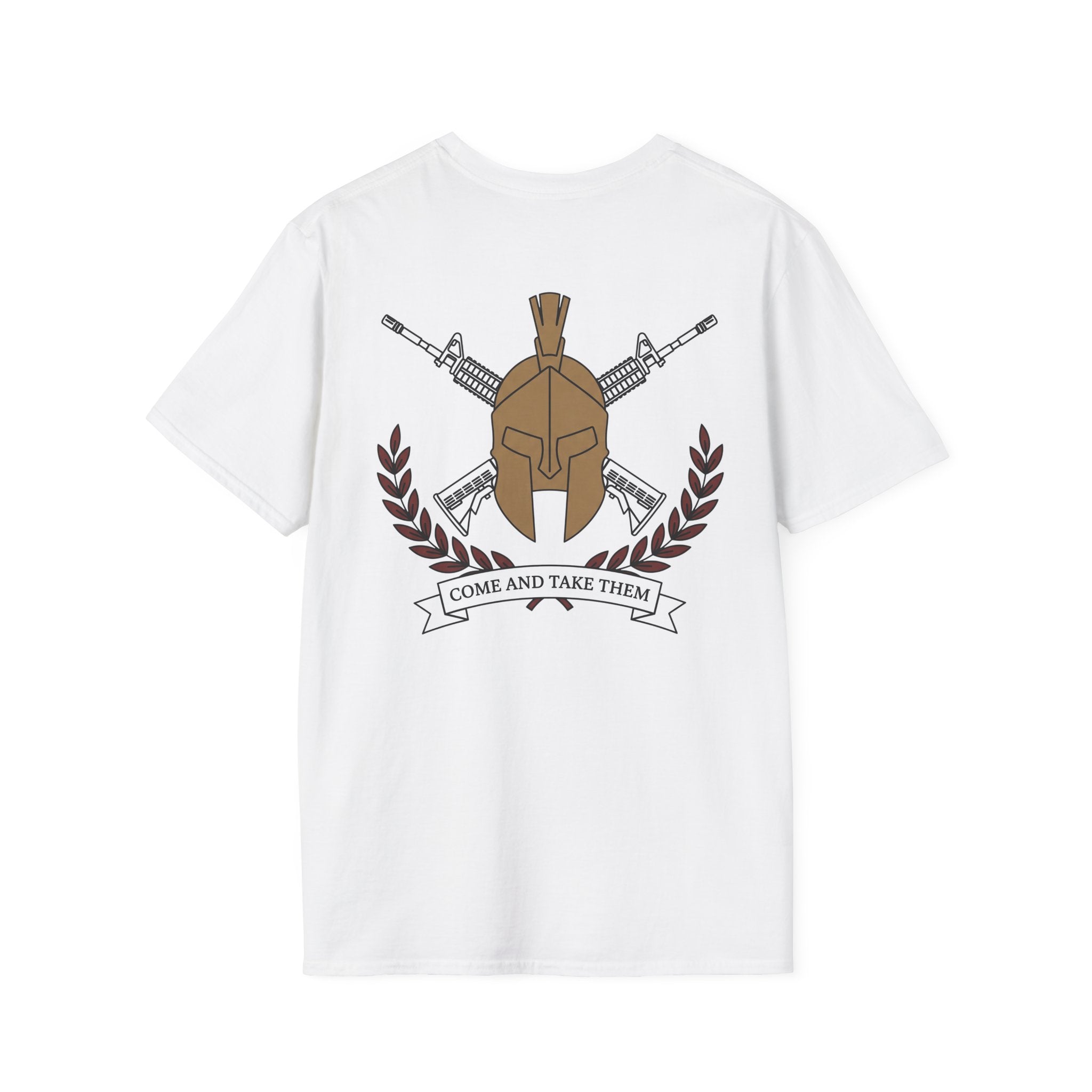 White crewneck T-shirt with Spartan helmet, crossed rifles, and wreath graphic
