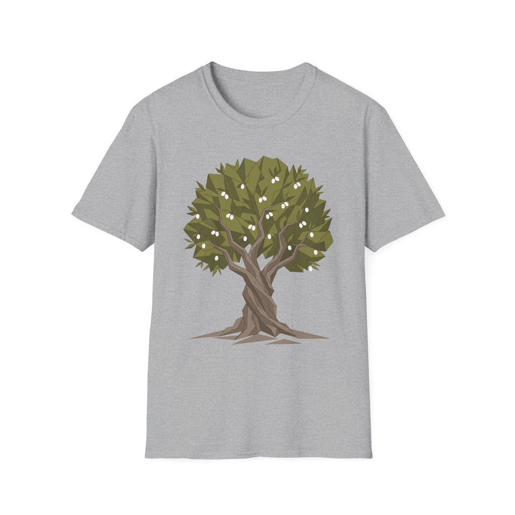 Twisted Olive Tree T-Shirt in dark heather gray with twisted tree botanical graphic