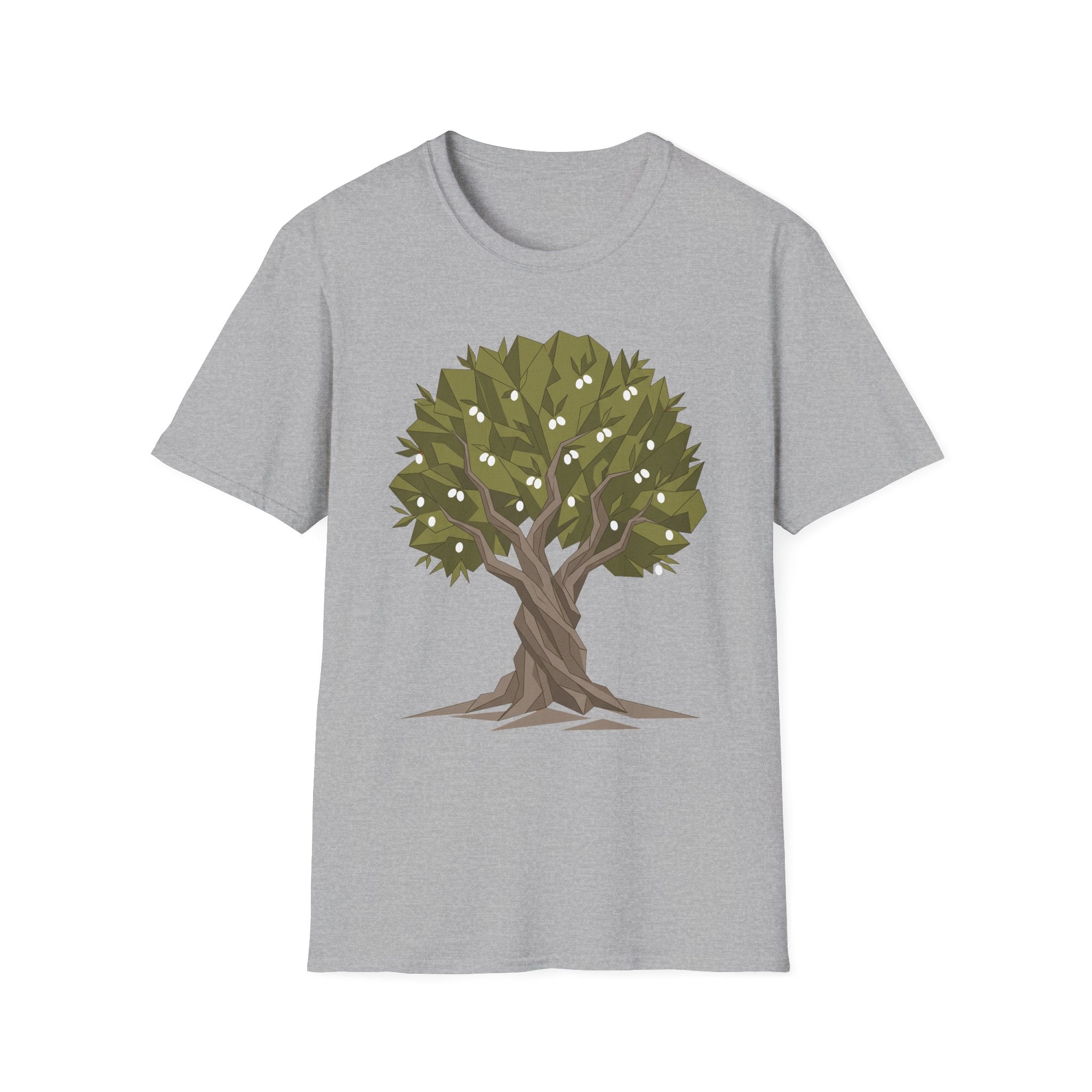 Twisted Olive Tree T-Shirt in dark heather gray with twisted tree botanical graphic