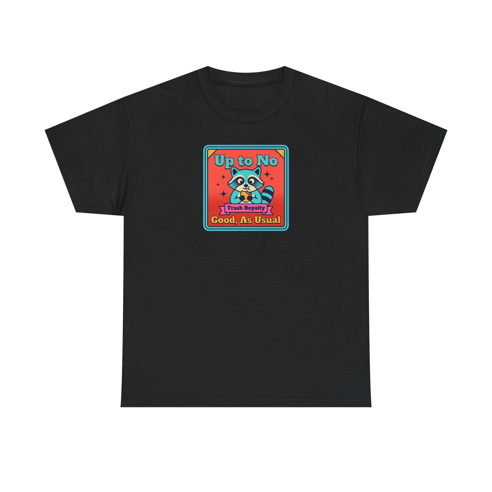 Black T-shirt with small square raccoon graphic text “Up to No Good, As Usual”