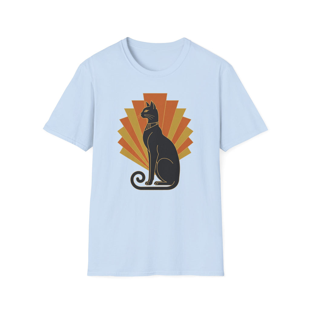 Light blue T-shirt with crew neck and short sleeves, black cat graphic in orange sunburst