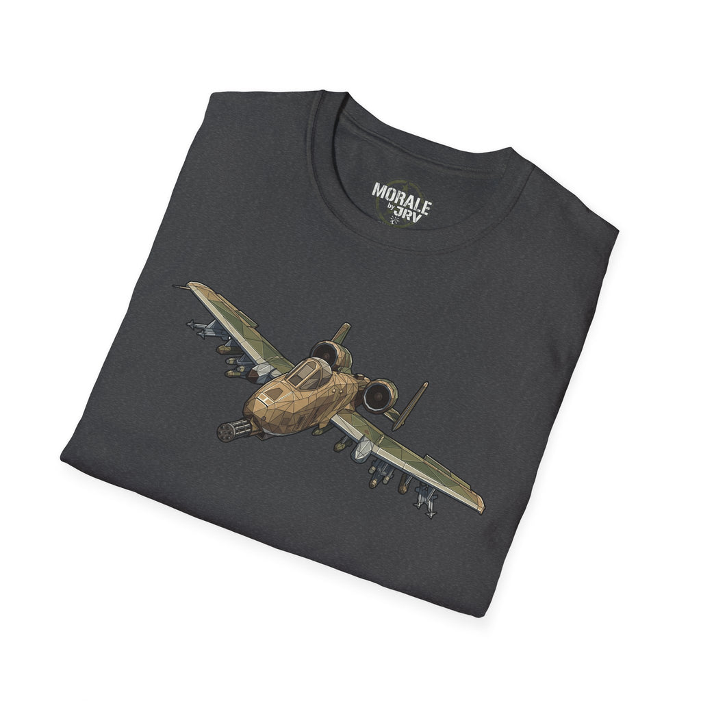 Dark heather grey T-shirt with A-10 Warthog aircraft graphic on front.