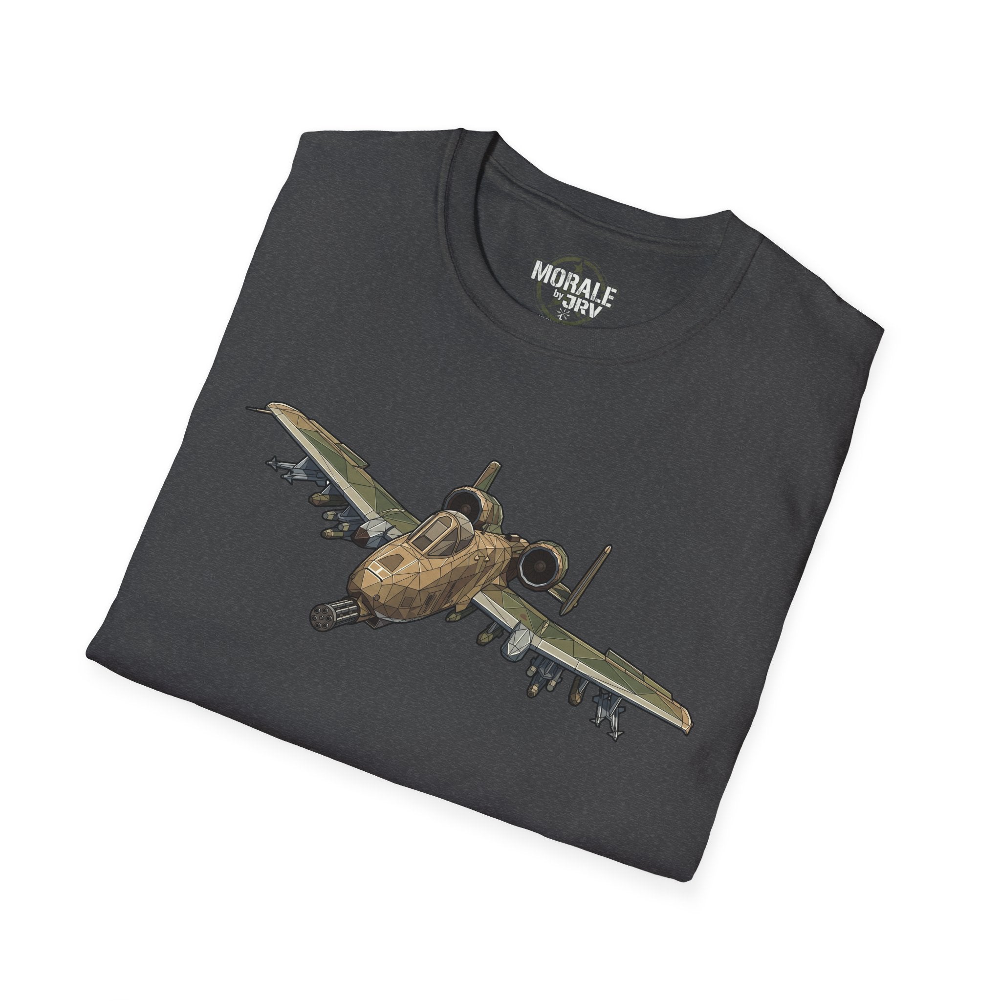 Dark heather grey T-shirt with A-10 Warthog aircraft graphic on front.