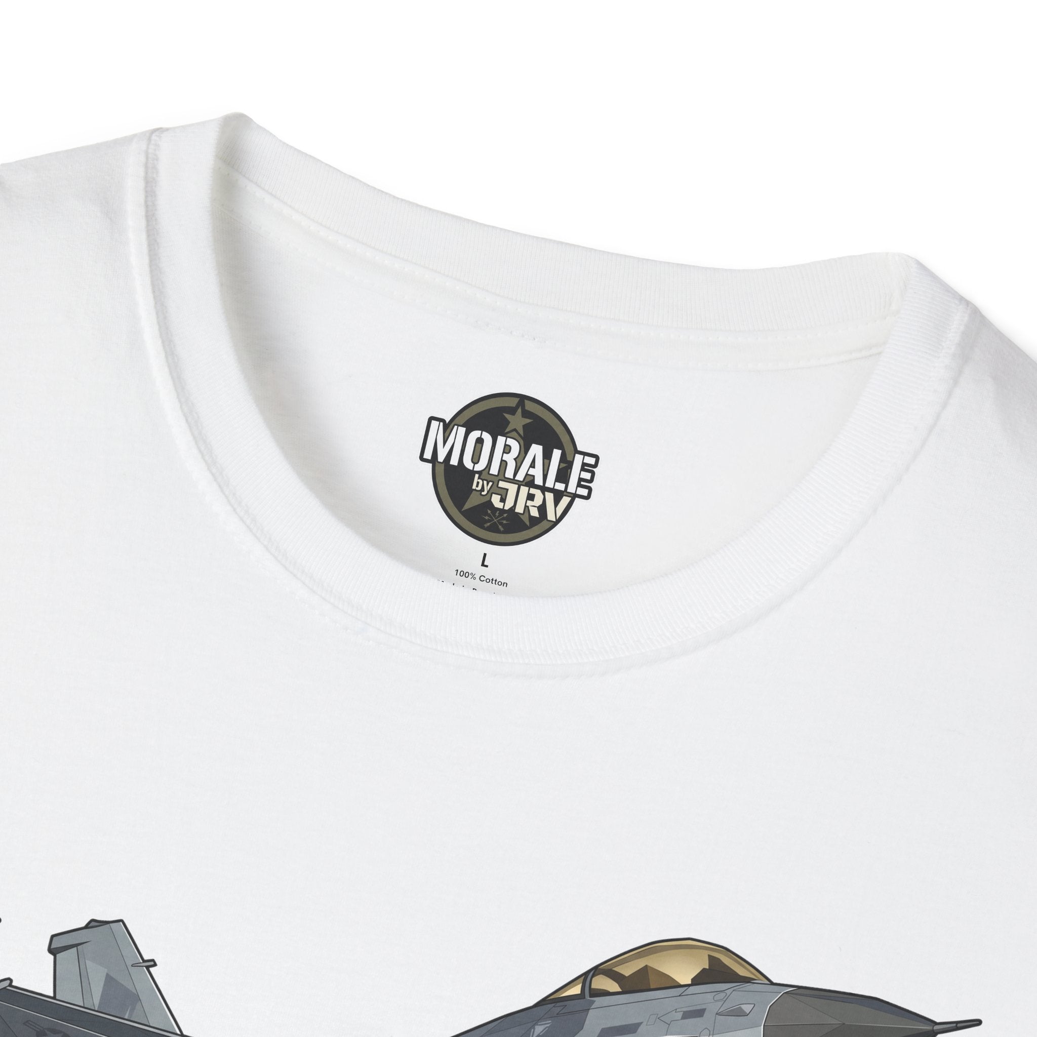 White T-shirt neckline with 'Morale by TRVY' logo