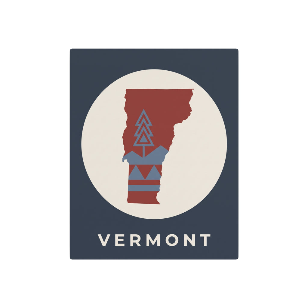 Vermont metal art sign, dark blue square with white circle, red state and tree graphic, VERMONT