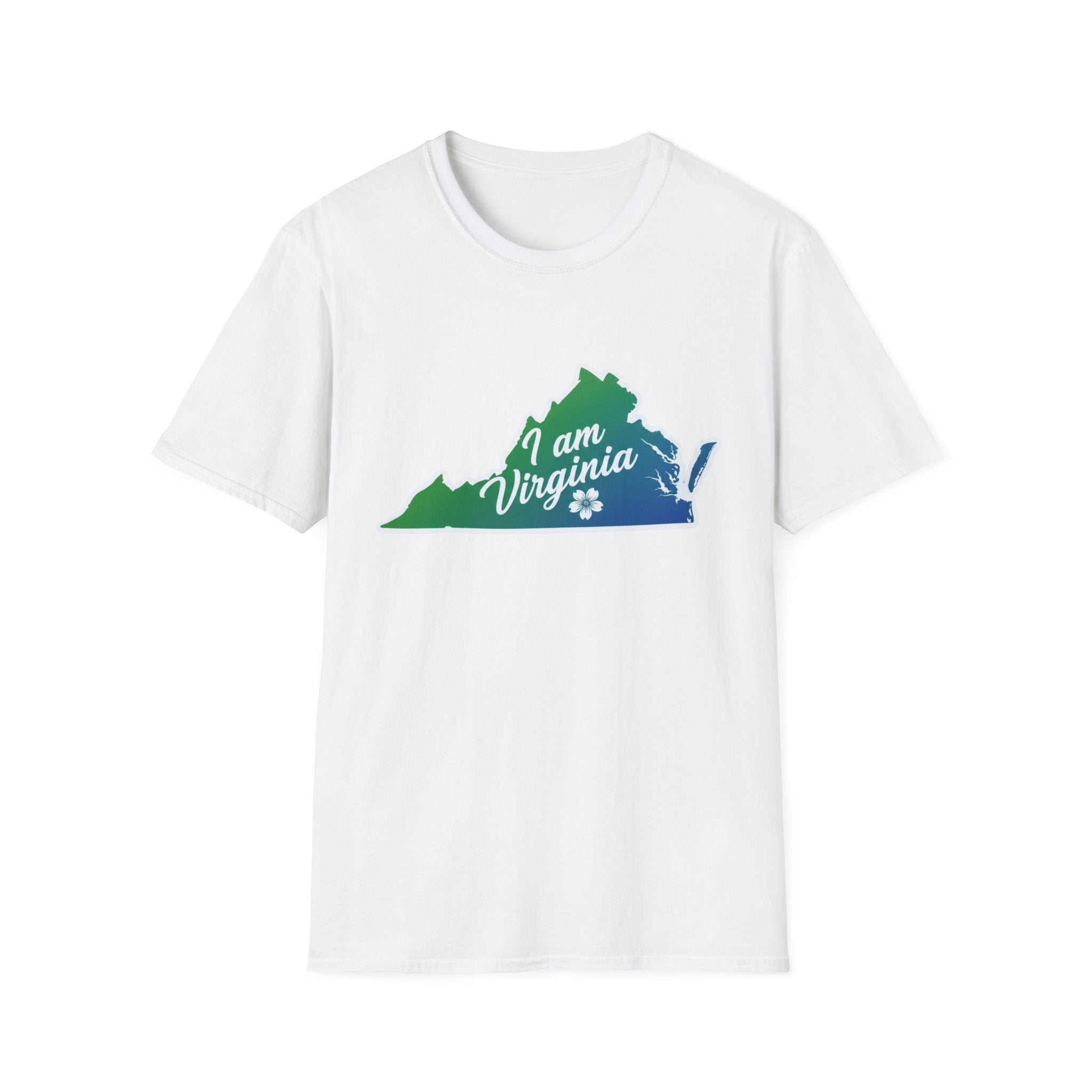 I Am Virginia T-Shirt: white tee with colorful Virginia state outline graphic