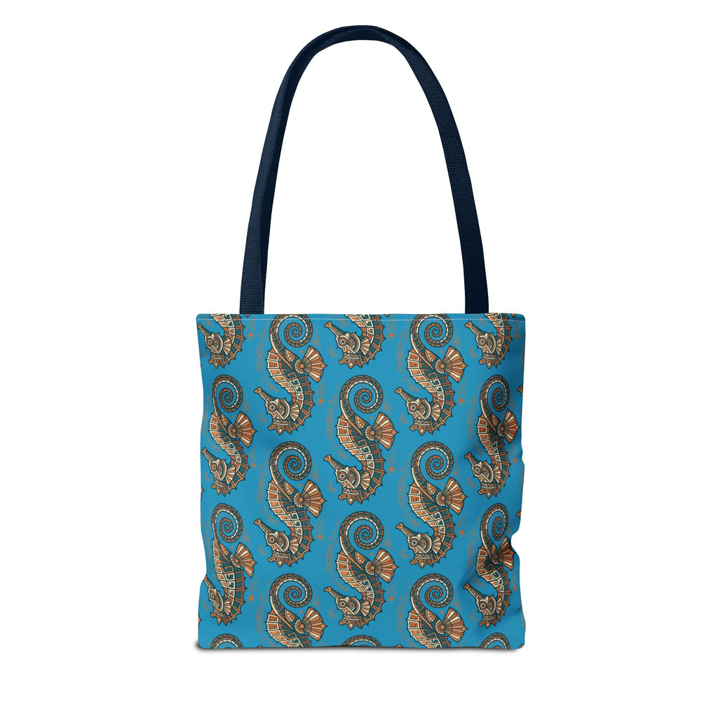 Ocean-blue tote bag with all-over steampunk seahorse pattern and navy handles