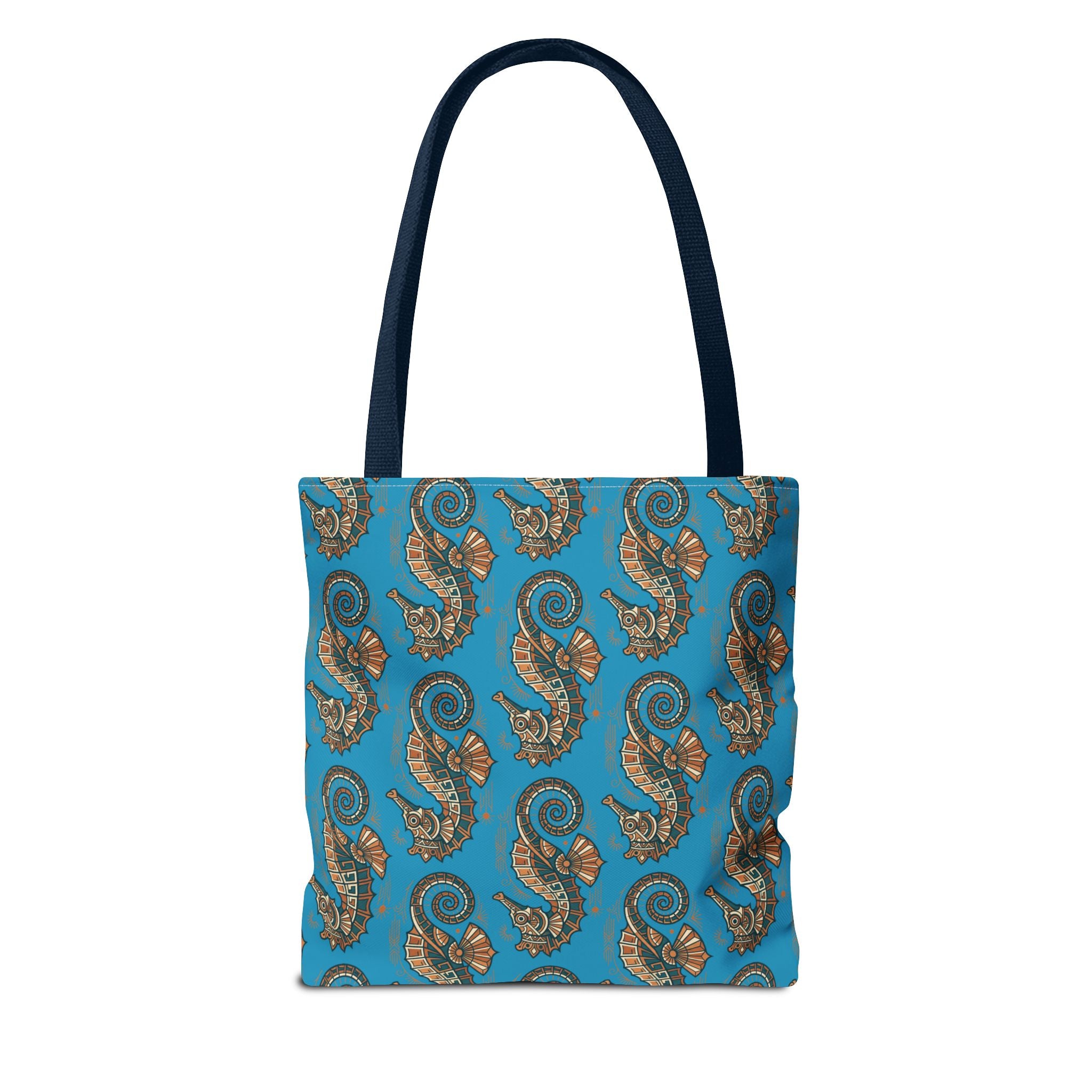 Ocean-blue tote bag with all-over steampunk seahorse pattern and navy handles