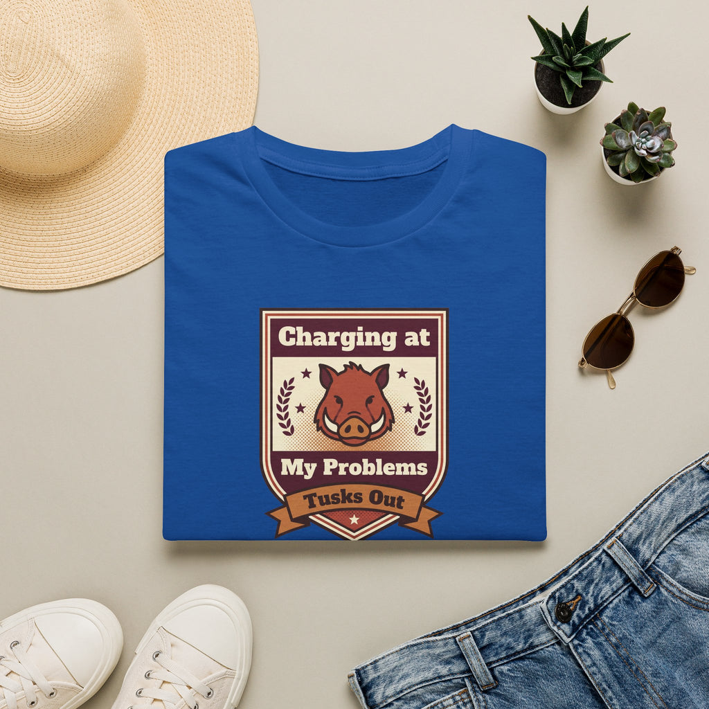 Royal blue crew-neck T-shirt with charging wild boar crest graphic