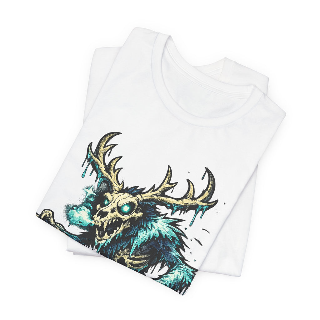 White crew-neck T-shirt with teal and blue deer skull monster graphic on front.