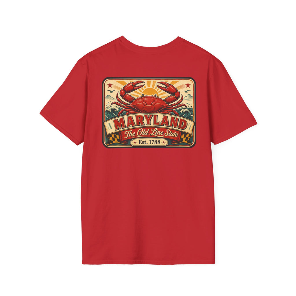 Red T-shirt with Maryland crab emblem graphic centered on chest