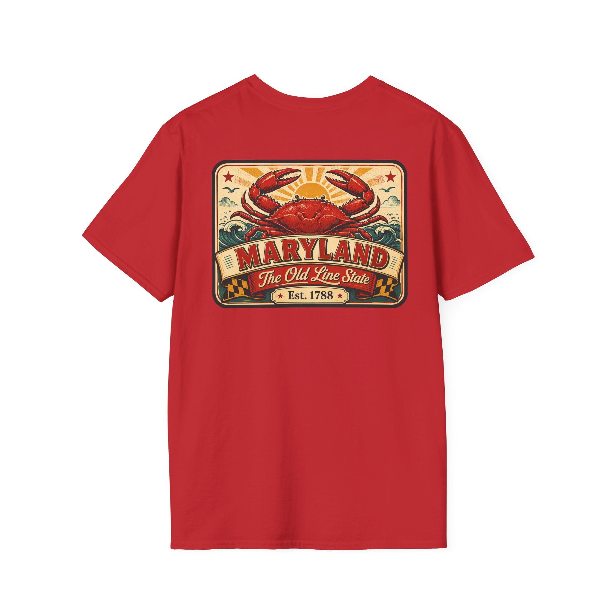 Red T-shirt with Maryland crab emblem graphic centered on chest