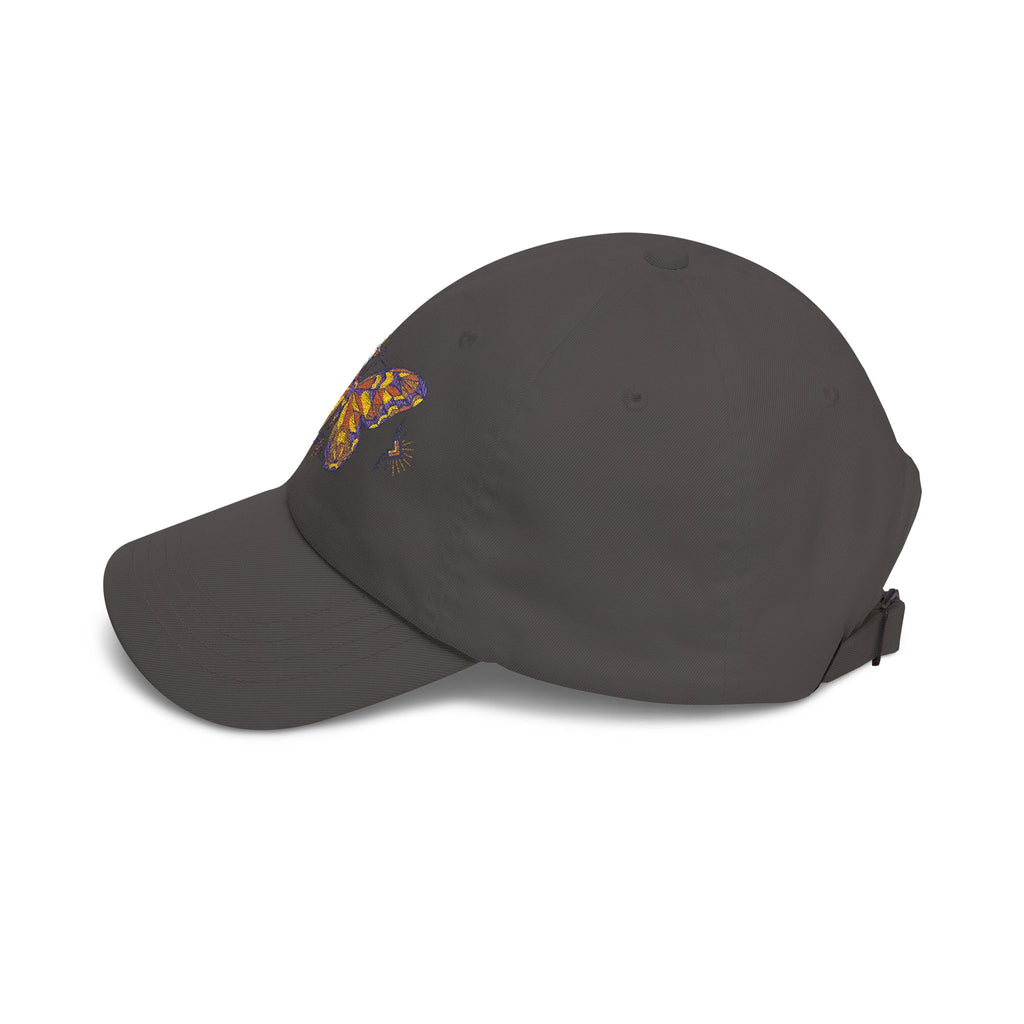 Dark grey baseball cap with embroidered moth and extended brim