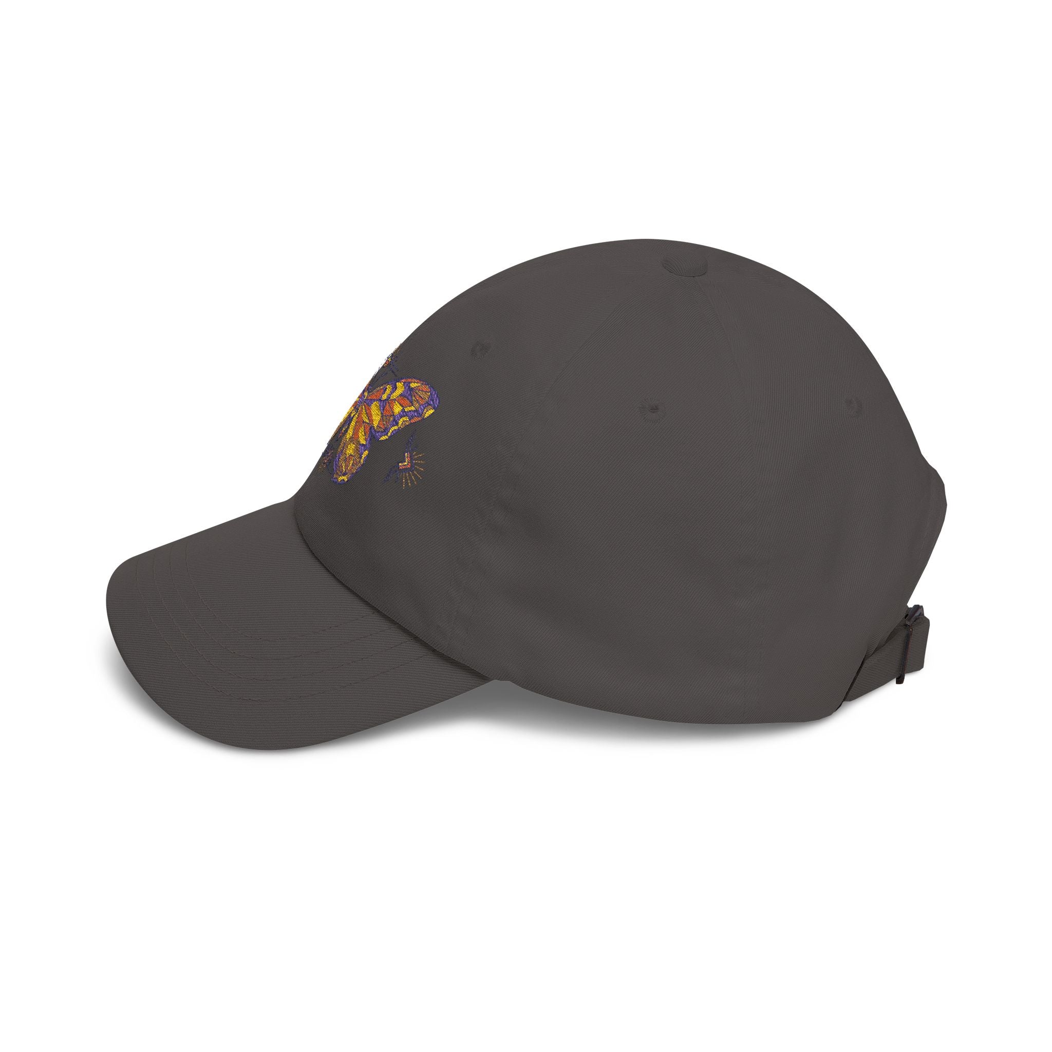 Dark grey baseball cap with embroidered moth and extended brim