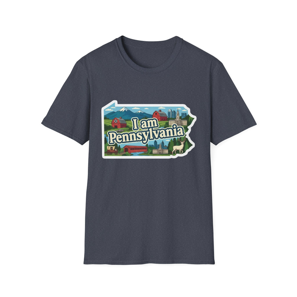 Heather Indigo T-shirt with “I am Pennsylvania” map graphic and landmarks front