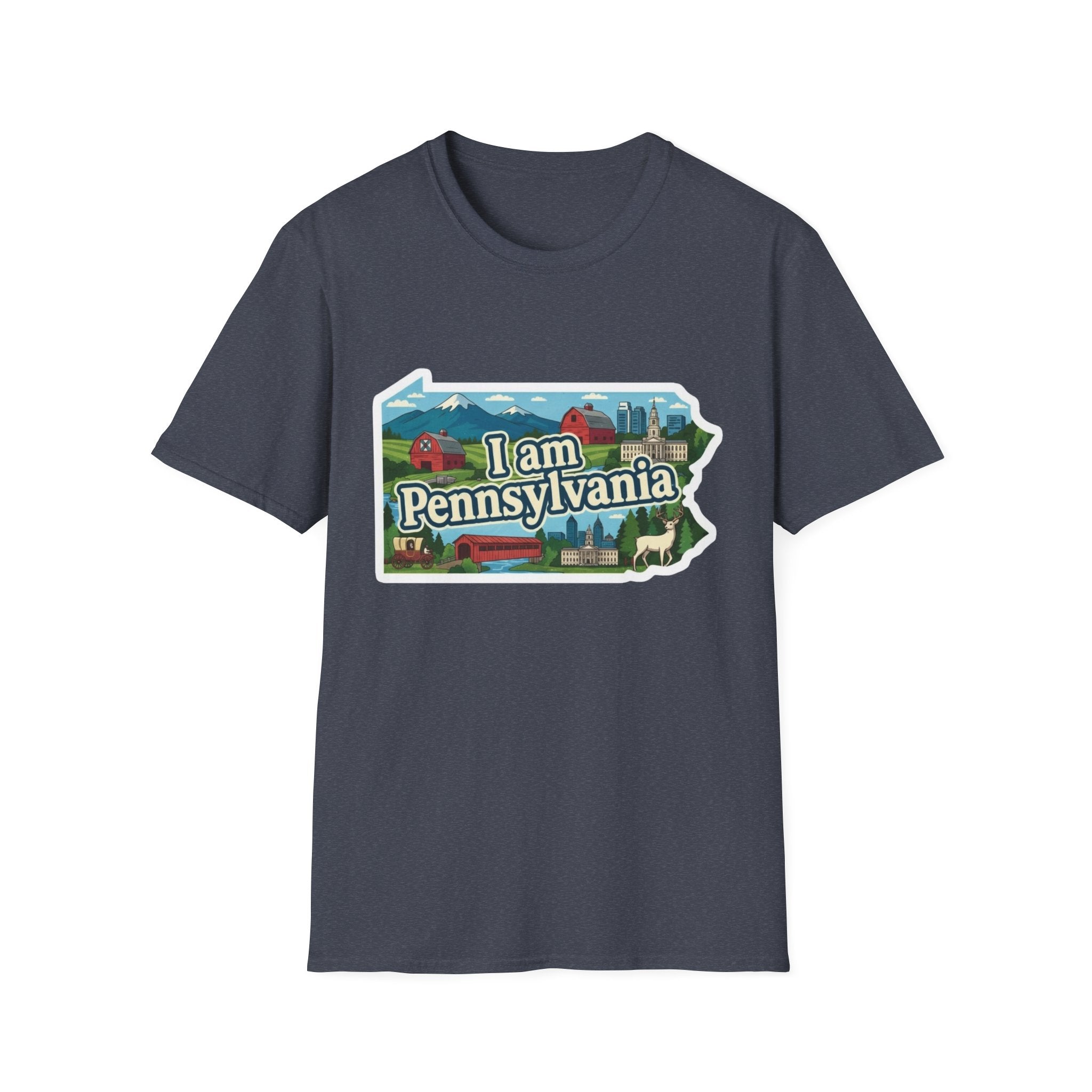 Heather Indigo T-shirt with “I am Pennsylvania” map graphic and landmarks front