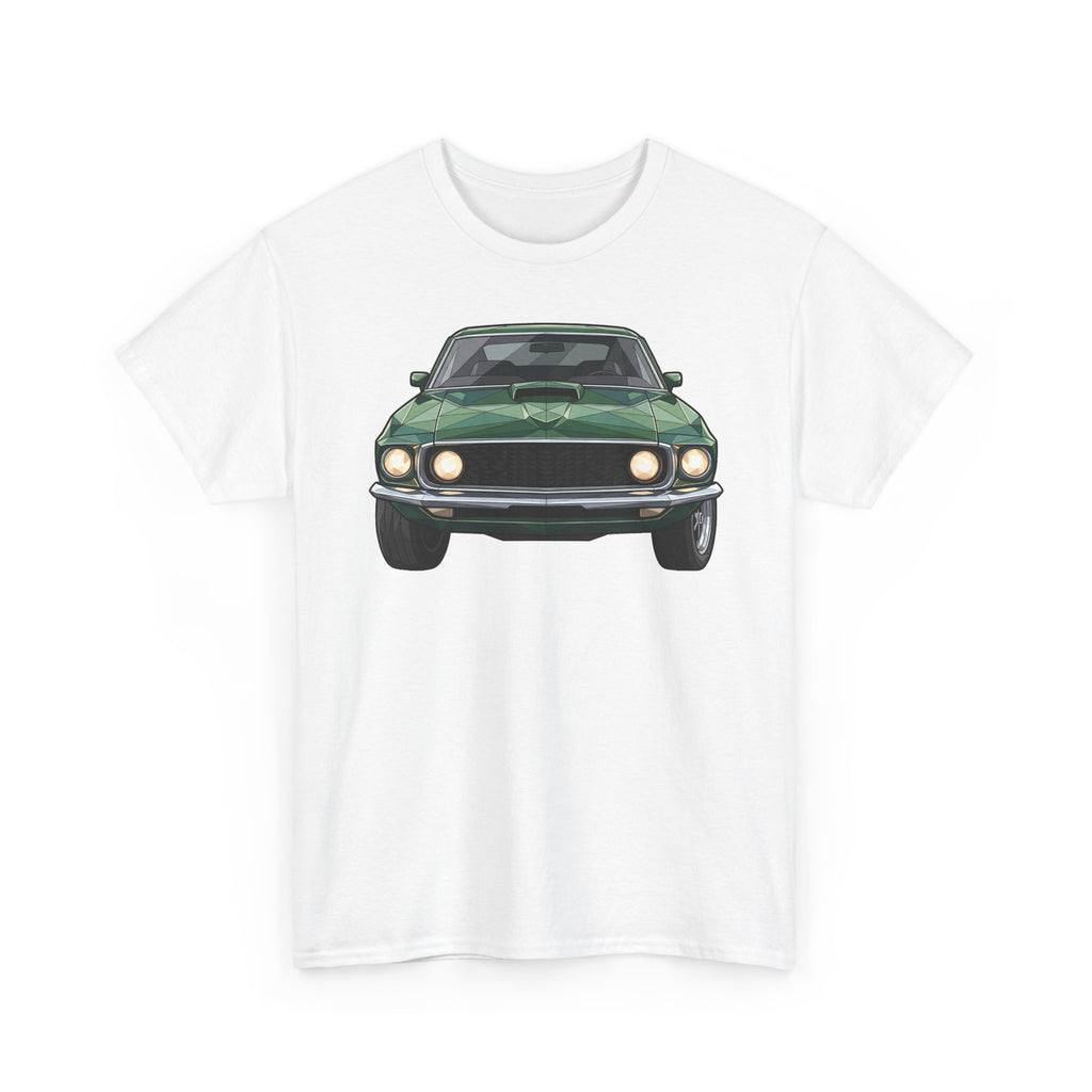 White muscle car graphic T-shirt with front view illustration on chest