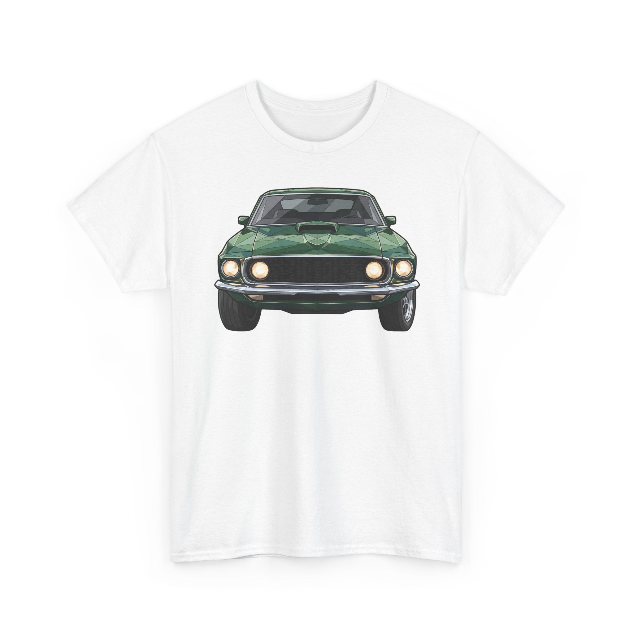 White muscle car graphic T-shirt with front view illustration on chest