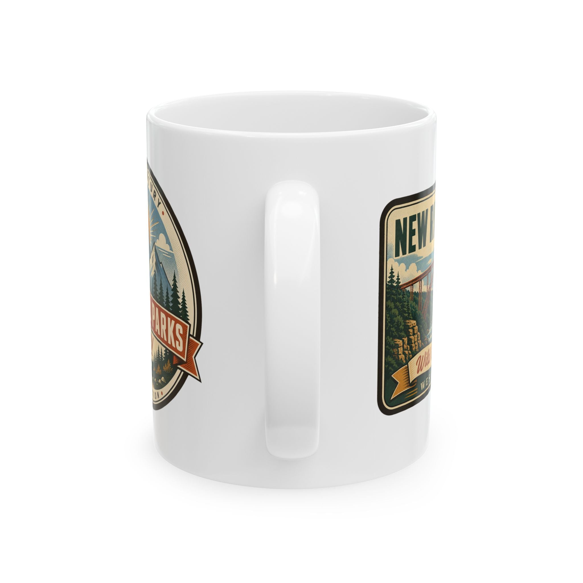 White ceramic coffee mug with two retro park badges and side handle