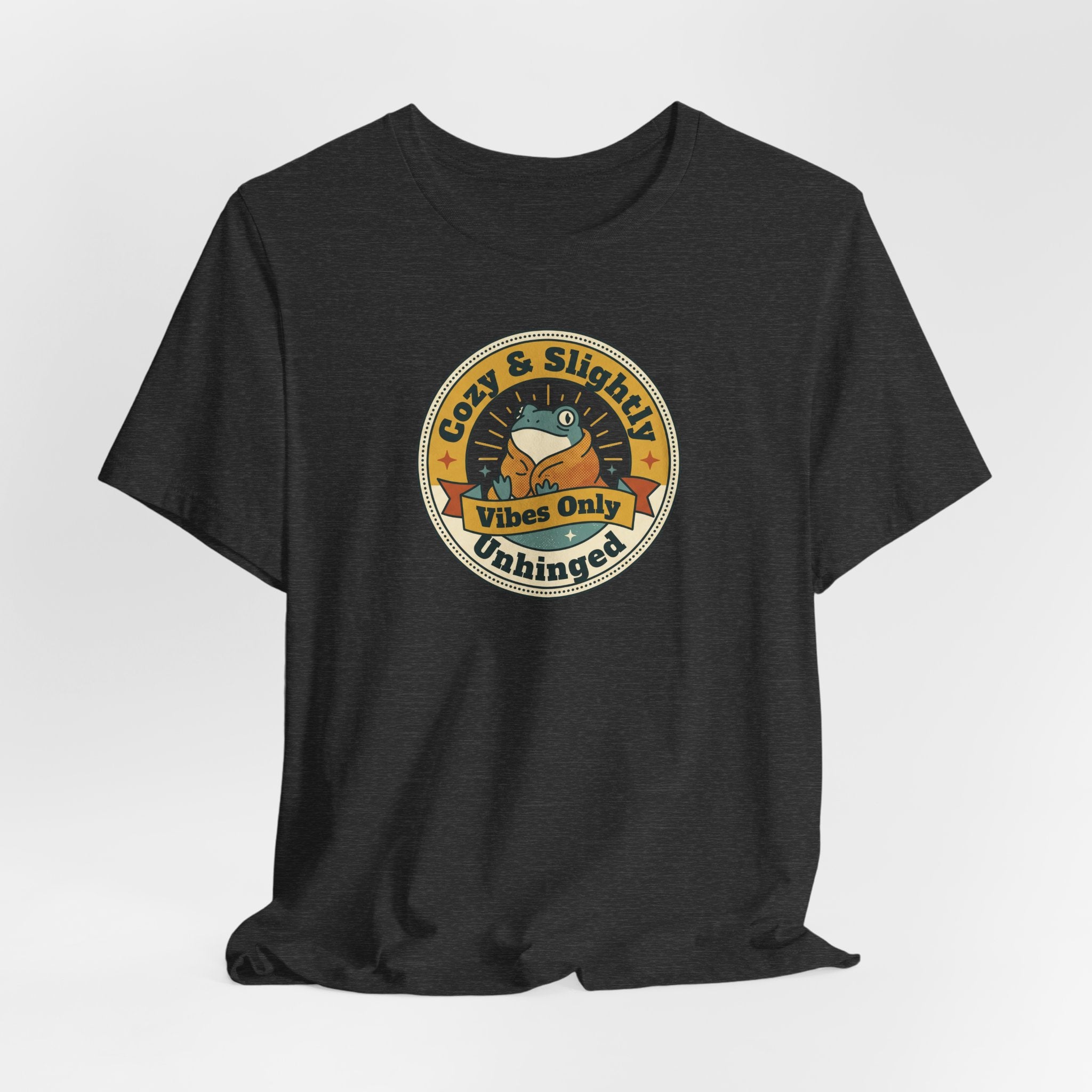Dark grey crewneck T-shirt with circular sloth graphic badge