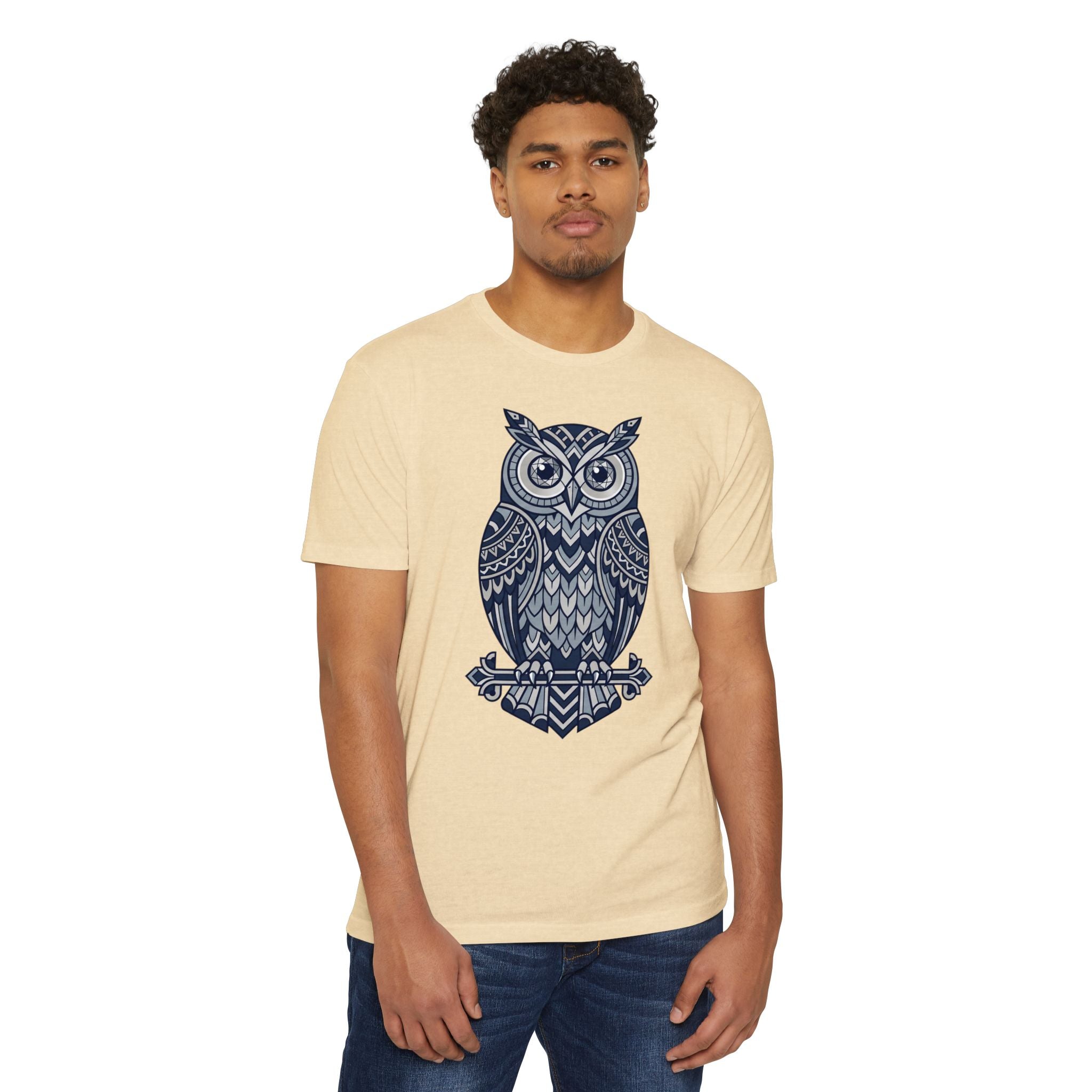 Crewneck T-shirt, cream with navy owl graphic on the front