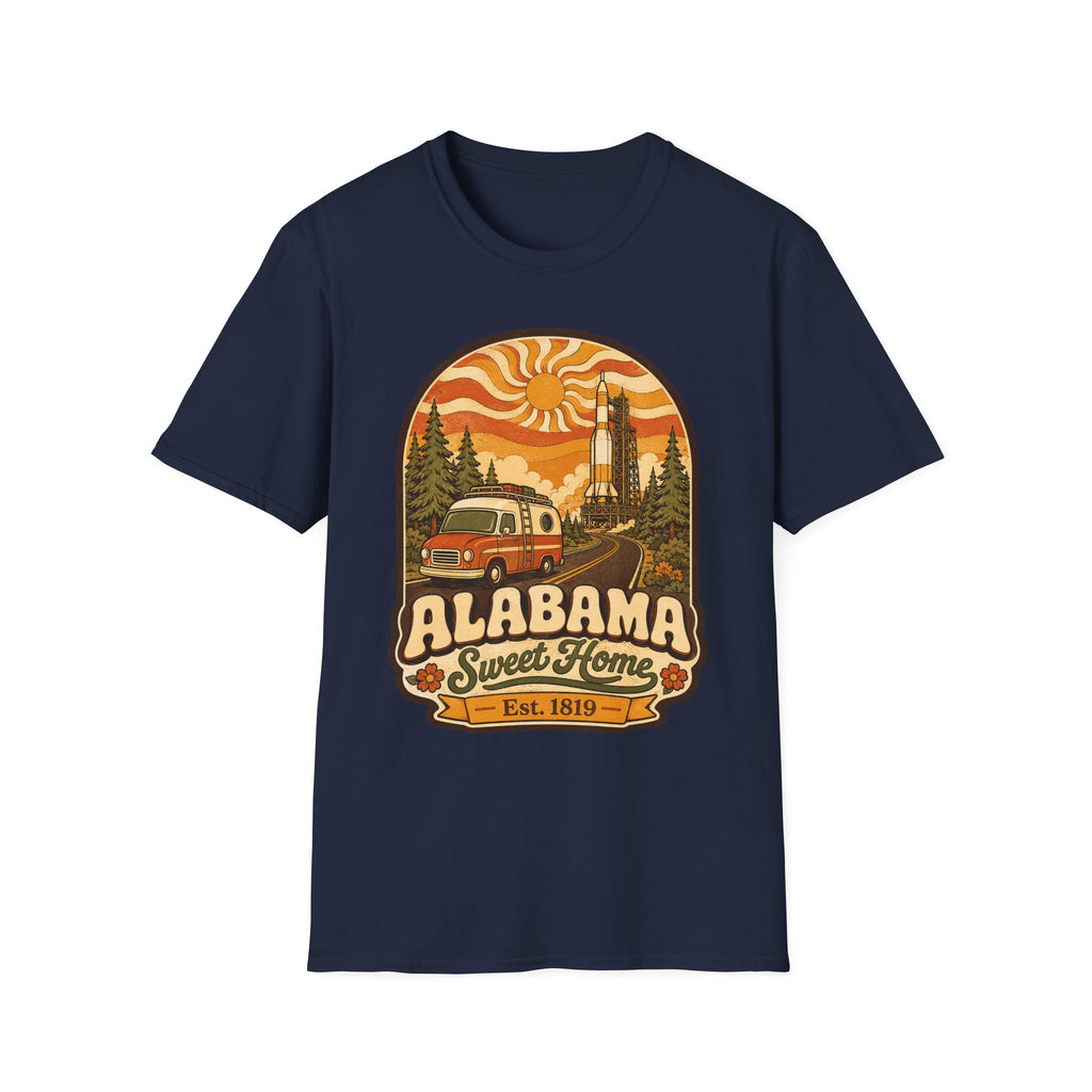 Unisex navy T-shirt with Alabama Sweet Home vintage camper graphic