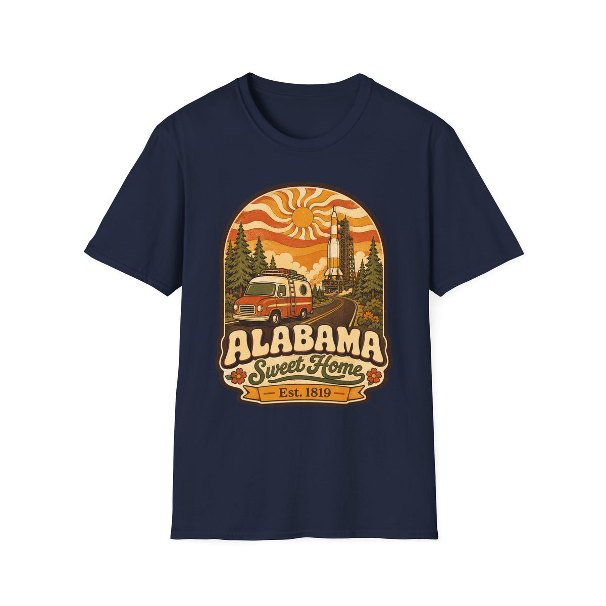 Unisex navy T-shirt with Alabama Sweet Home vintage camper graphic
