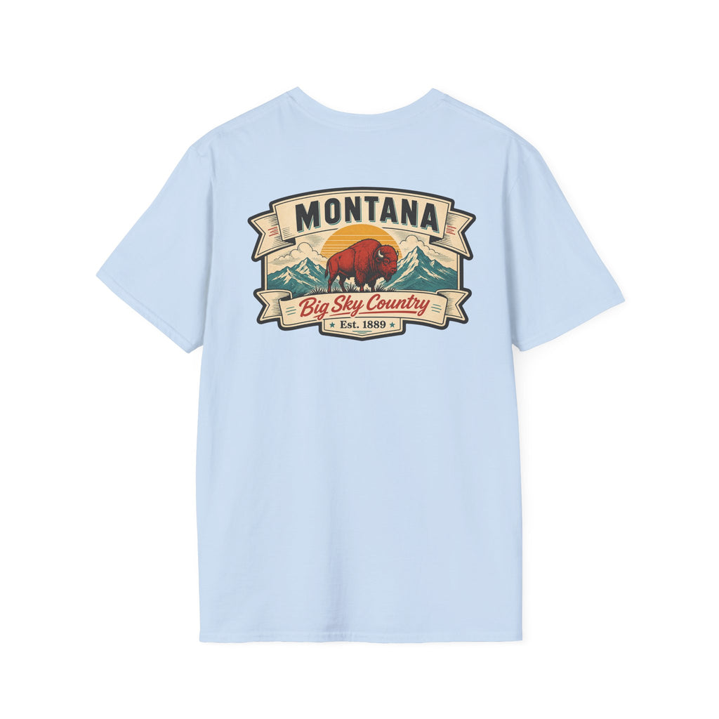 Light blue Montana bison travel T-shirt with 'MONTANA' and 'Big Sky Country' graphic