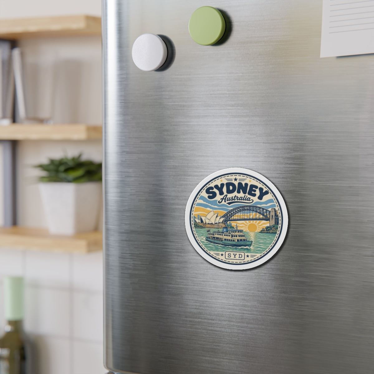 Round magnet on stainless refrigerator, featuring ferry and Opera House sail illustration