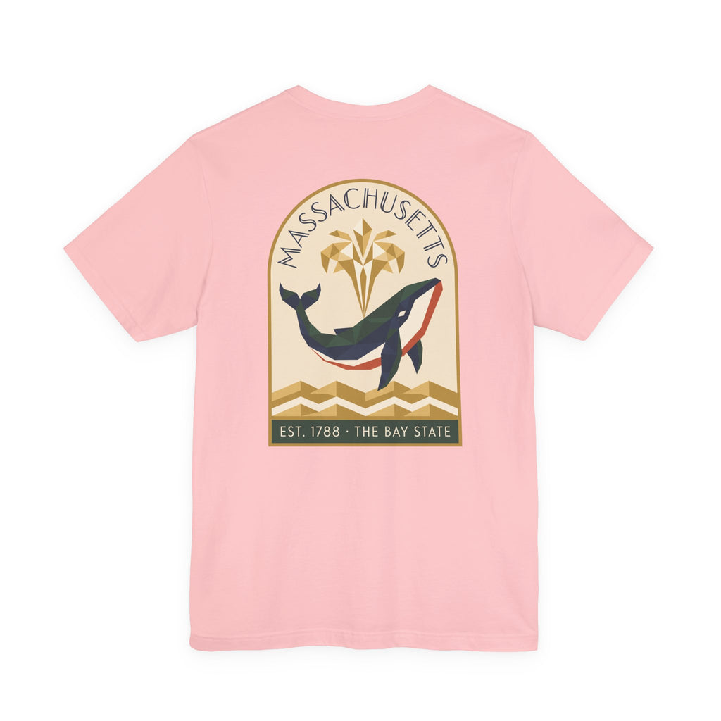 Pink whale art deco T-shirt with round Bay State graphic and text