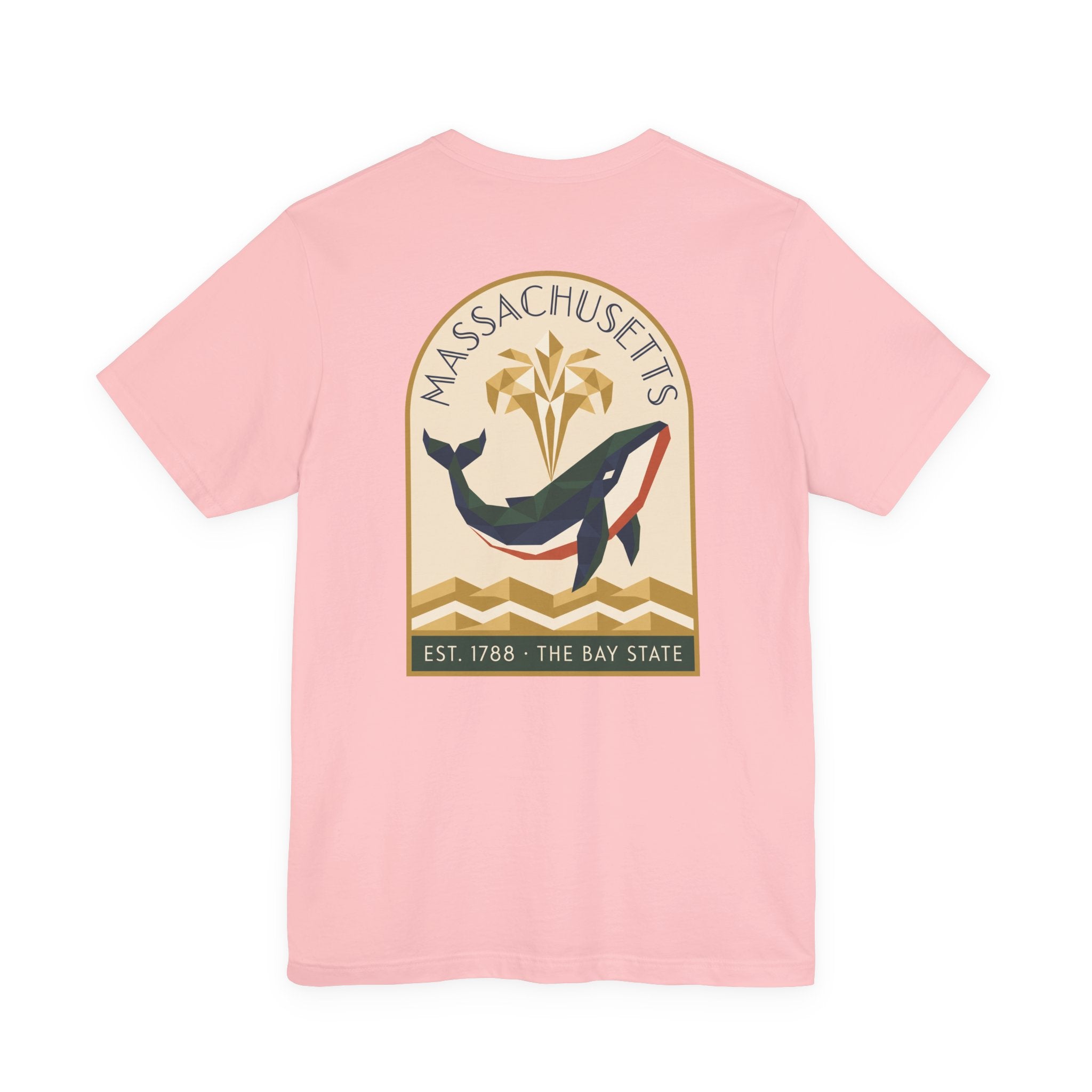 Pink whale art deco T-shirt with round Bay State graphic and text