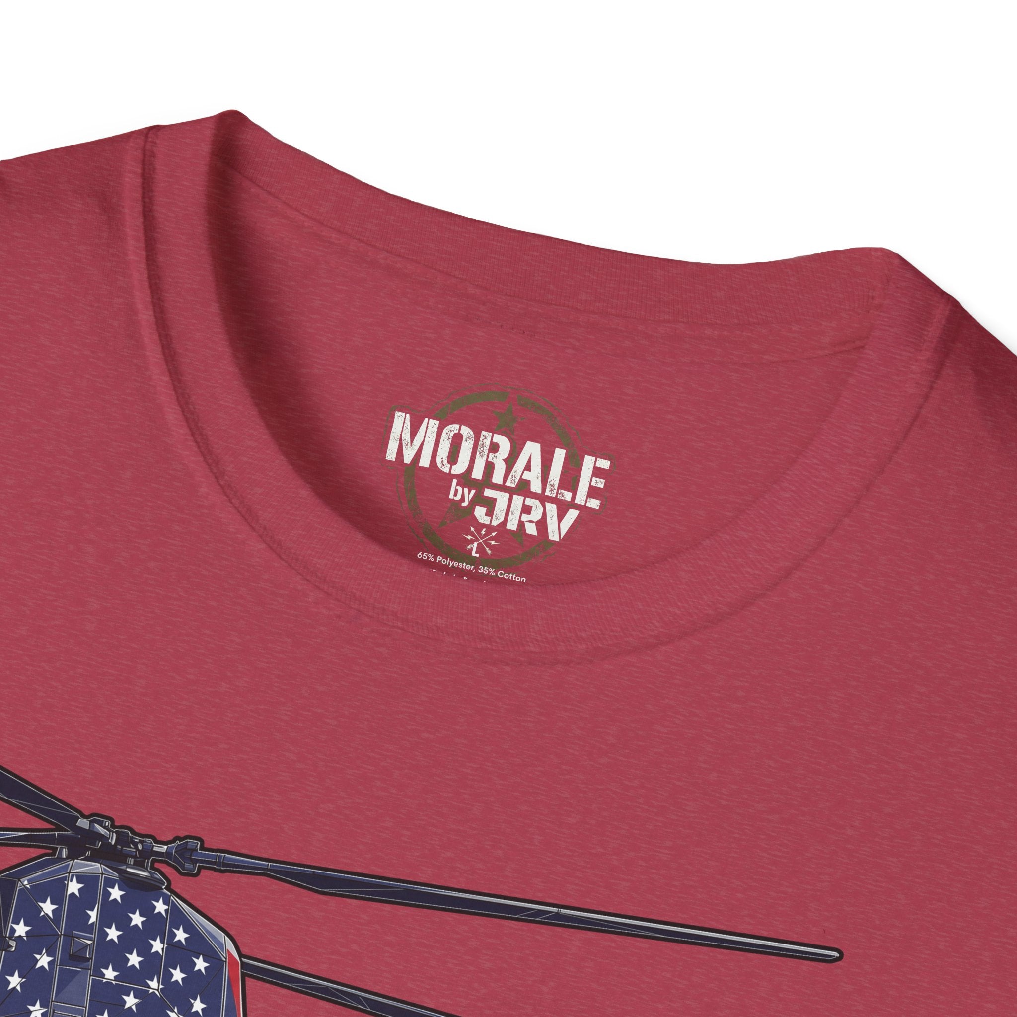 Burgundy T-shirt with “Morale by TRV” chest logo and partial helicopter graphic