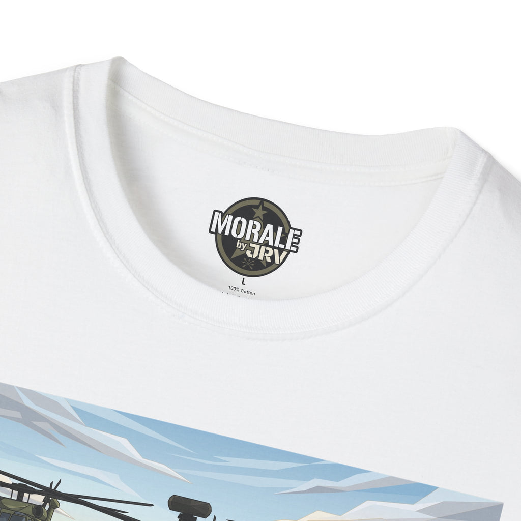 White T-shirt neckline logo with partial helicopter graphic at the chest