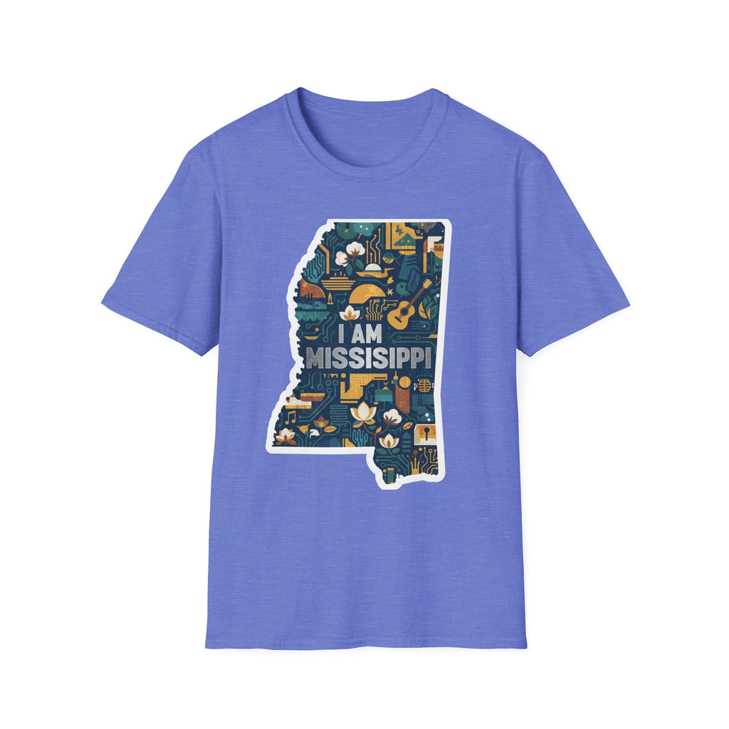 Heather Royal T-shirt with colorful Mississippi state map graphic and "I AM MISSISSIPPI"