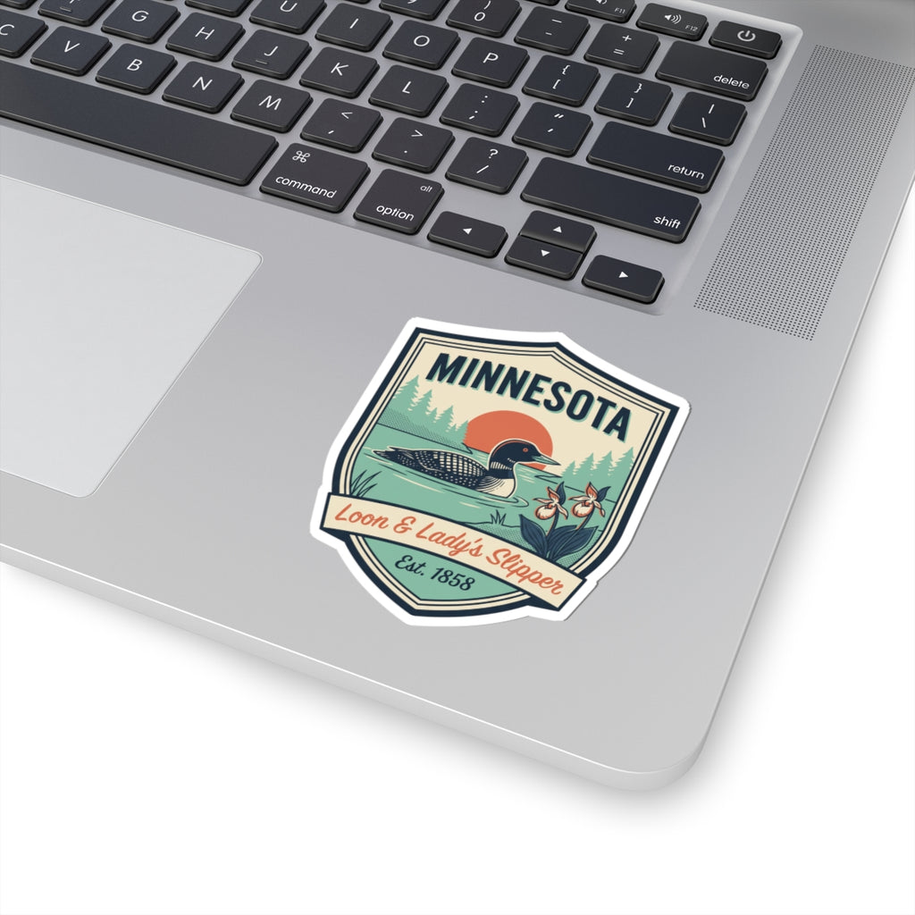 Shield badge vinyl sticker for Minnesota with loon and lady's slipper, includes Est. 1858