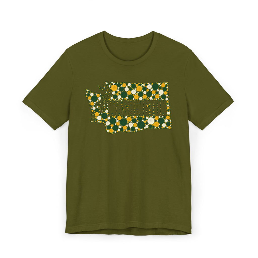 Olive green T-shirt with dotted Washington outline floral graphic in green and gold