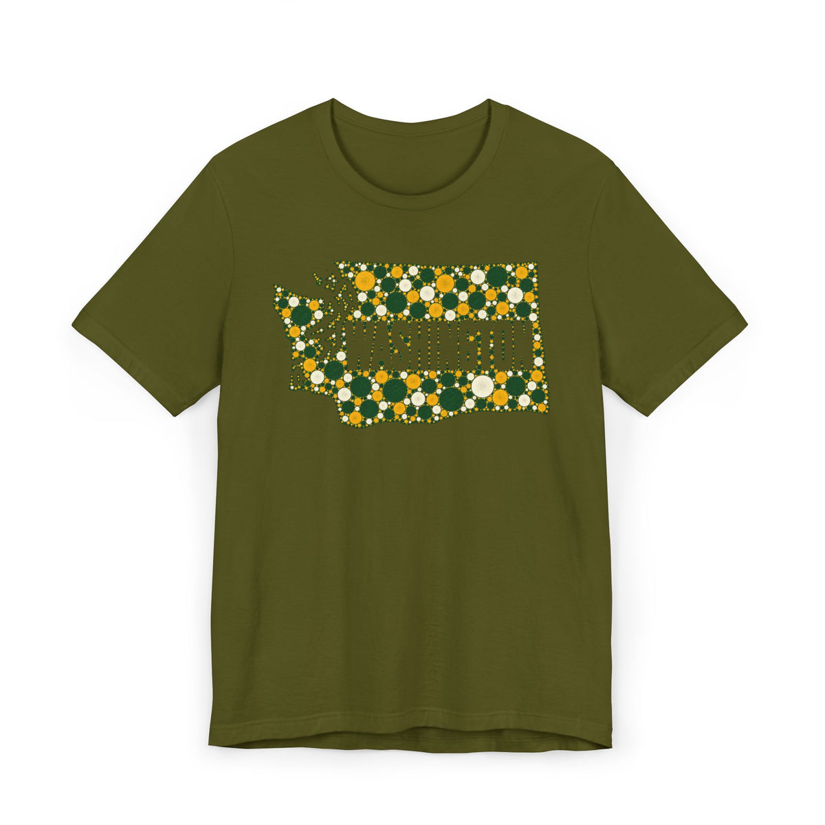 Olive green T-shirt with dotted Washington outline floral graphic in green and gold