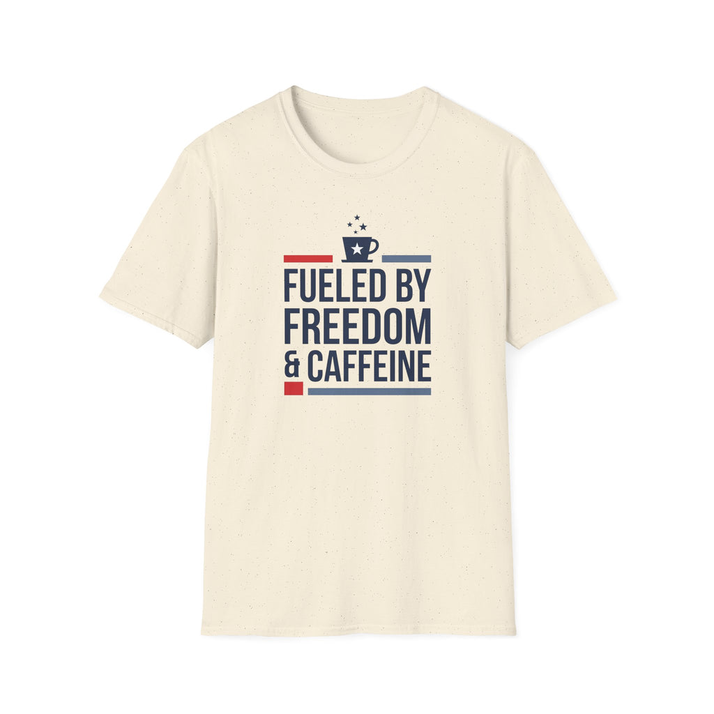 Cream unisex T-shirt with 'Fueled by Freedom & Caffeine' front graphic